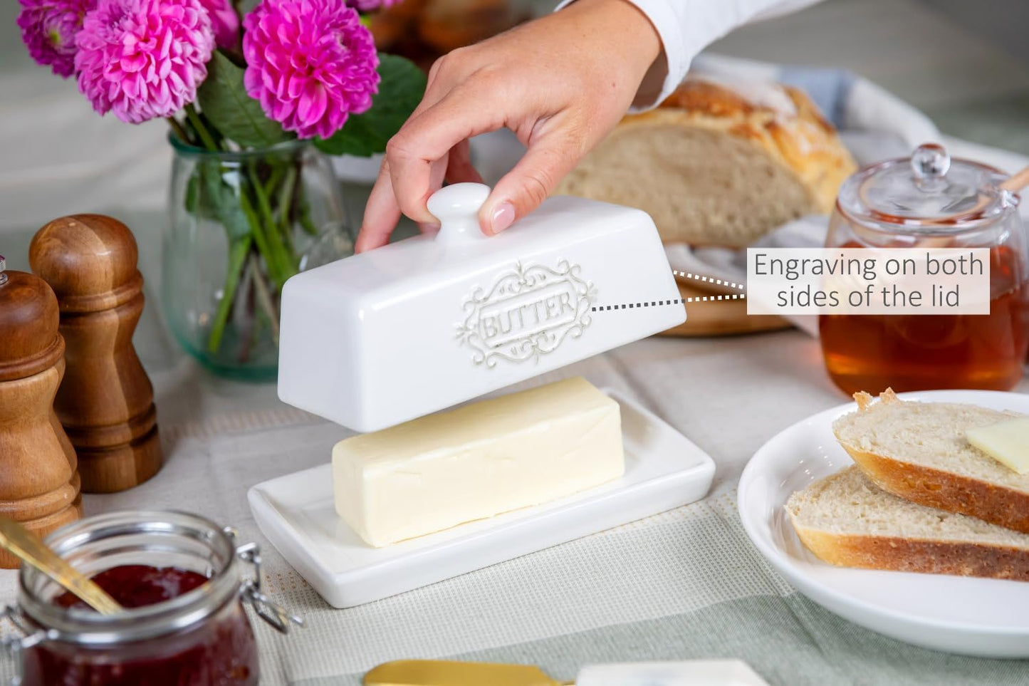 Covered Butter Dish with Lid - Elegant Engraved Butter Holder with Lid - Ceramic Butter Stick Holder Tray Holds Any Size Stick - Decorative Butter Keeper Container for Countertop & Fridge - 7.7" x 4"