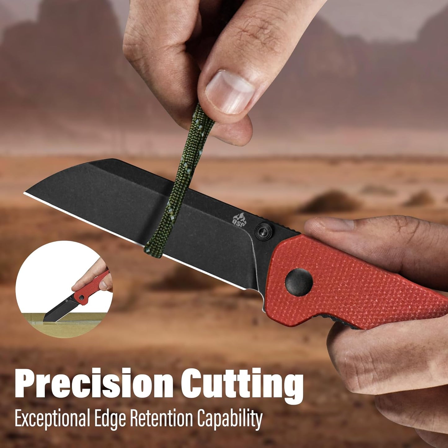 QSP Penguin V2 Folding Pocket Knife, 3.06" D2 Black Stonewash Blade EDC Knife, Red Micarta Handle, Liner Lock, Ceramic Ball Bearings, Reversible SS Deep Carry Clip