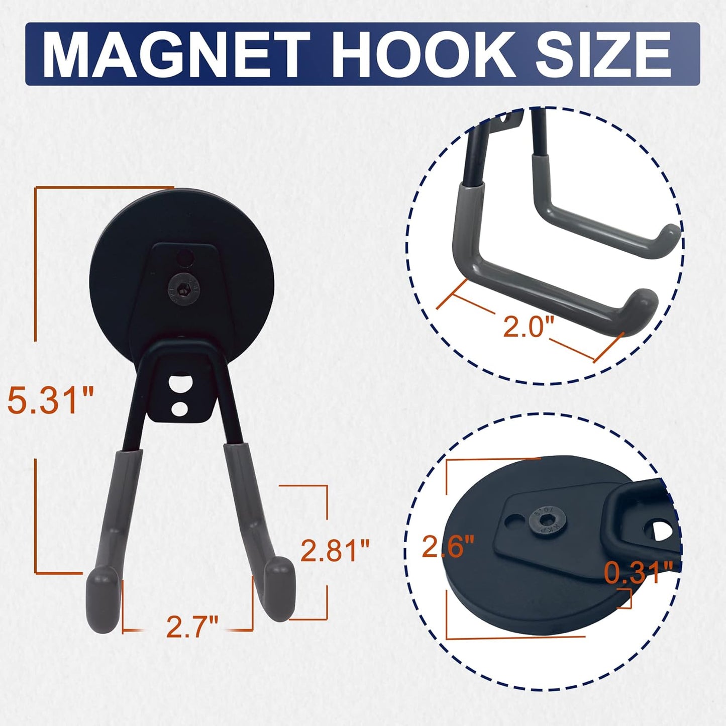 TSUYA 4 Pack Heavy Duty Large Garage Magnet Hooks, Strong Storage Utility Magnetic Hooks with Anti-Slip Rubber Coating for Hanging (Gray Hook, 2.6‘’ Diameter Base)