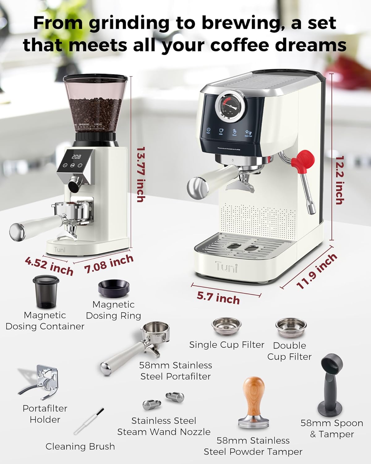 Tuni E2 58mm Espresso Machine and G1 Ivory Conical Burr Coffee Grinder Combo, 20Bar Dual Boiler Coffee Maker with 10mm Steam Milk Frother, 48 Grind Settings Anti-static Burr Mill