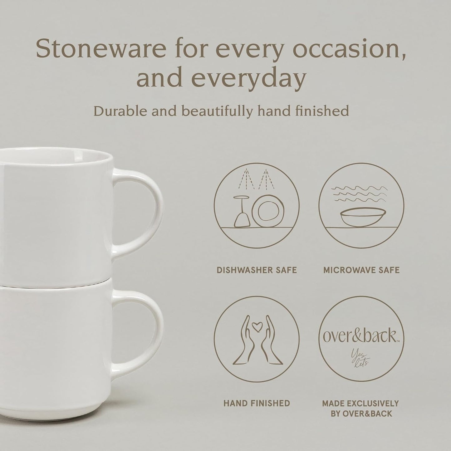 over&back Stackable Stoneware Coffee Mugs - 4-Piece Mug Set - Enjoy the Perfect Cup of Coffee, Tea, Latte, and More - Glossy White - 14oz