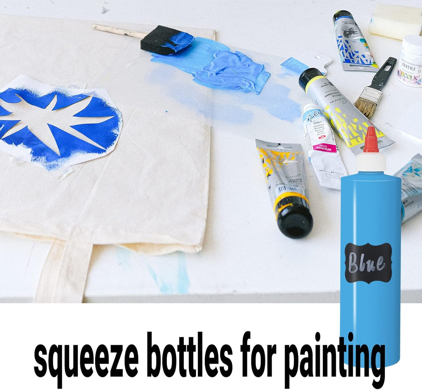 6 Pack 12 oz Graduated Plastic Squeeze Squirt Condiment Bottles with Red Twist On Cap Lids - for Condiments, Oil, Icing, Liquids–with Extra 1 Silicone Funnel, 18 Chalk Labels and 1 Pen