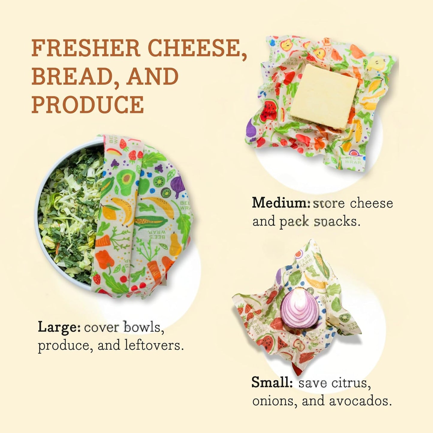 Bee's Wrap Beeswax Wraps for Food - Garden Party 3 Pack (S, M, L) Made in USA Reusable & Organic Food Wraps, Sandwich Wrap & Bowl Covers - Eco-Friendly Alternative to Aluminum Foil & Plastic Wrap