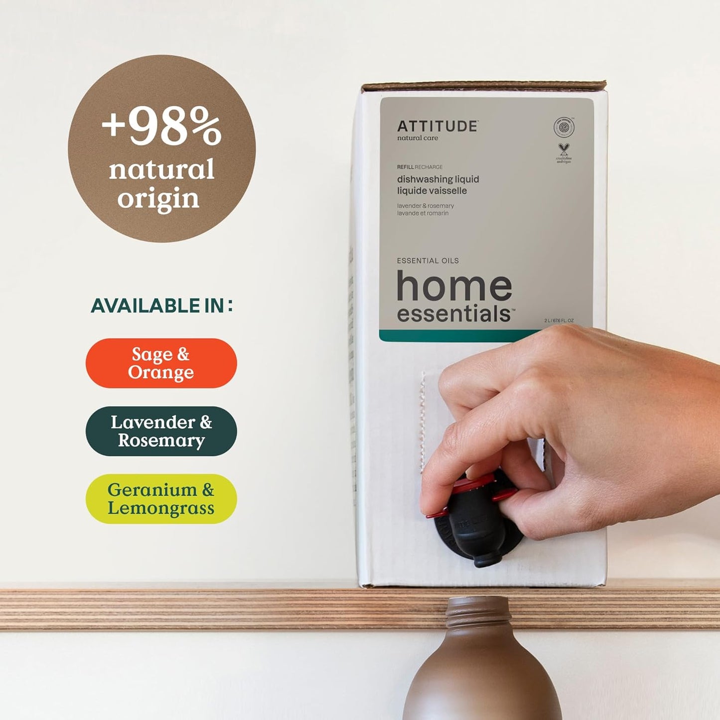 ATTITUDE Dish Soap, EWG Verified, Plant and Mineral-Based Ingredients, Vegan and Cruelty-free Household Products, Lavender and Rosemary, 67.6 Fl Oz