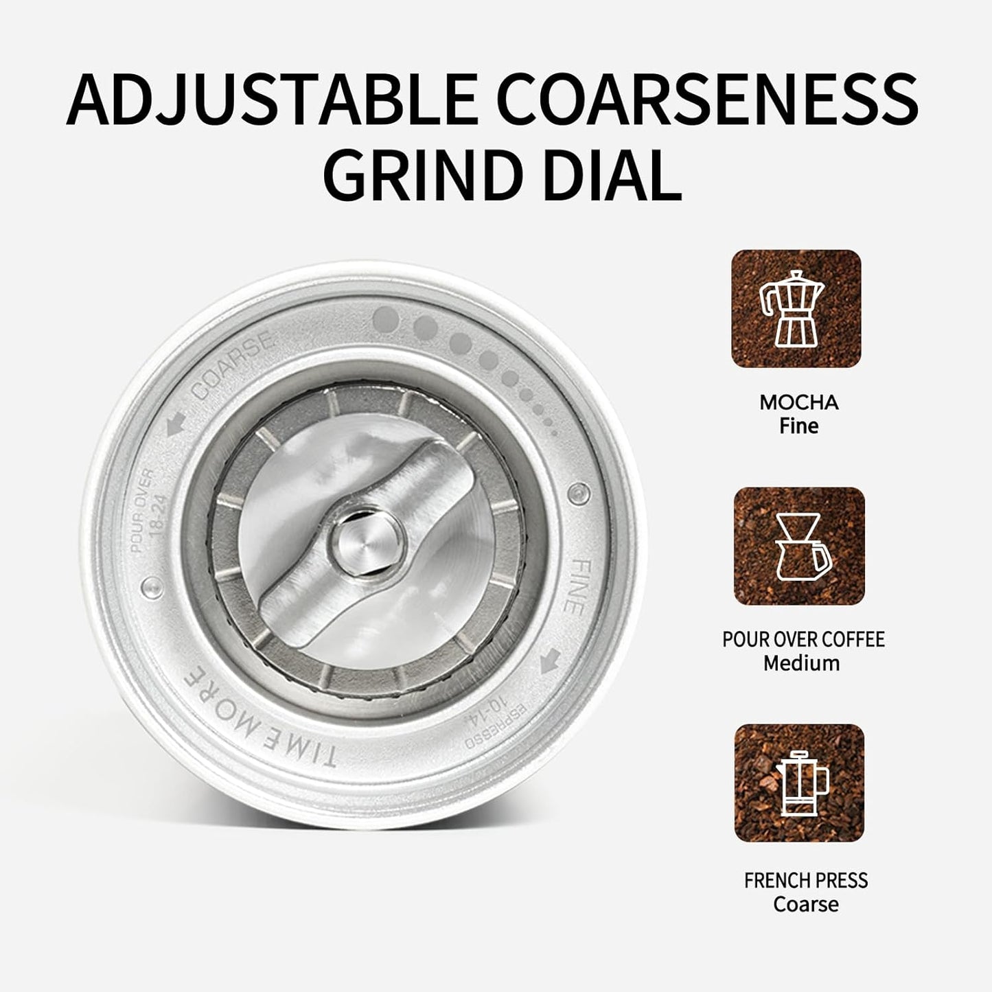 TIMEMORE Manual Coffee Grinder Stainless Steel Conical Hand Grinder Burr Chestnut C2S Internal Adjustable Setting Capacity 20g Pour Over Mocha Coffee for Travel, Camping, Home White