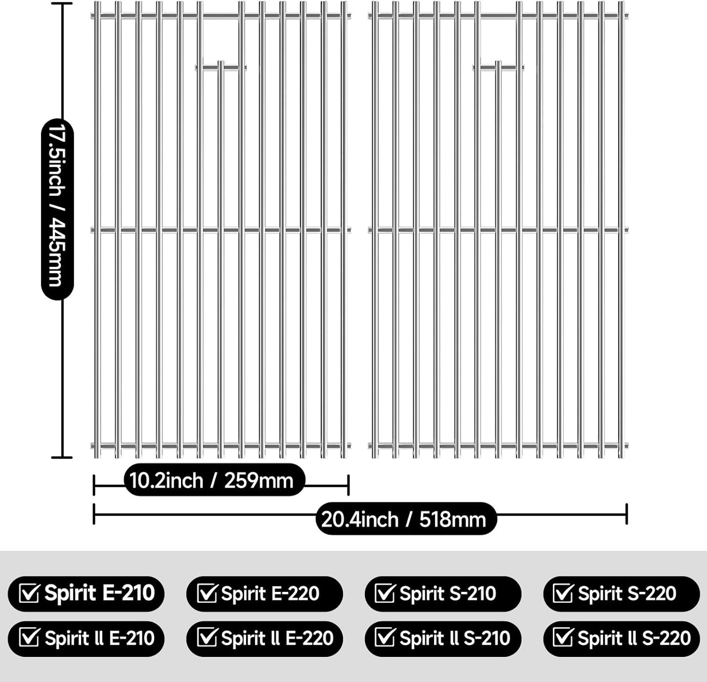 7637 17.5’’ Stainless Steel Grill Grates for Weber Spirit E210 E-220 S210 S-220 Spirit 200&Spirit II 200 Series Gas Grills with Front Control Panel, Cooking Grid for Weber Spirit 200 Series