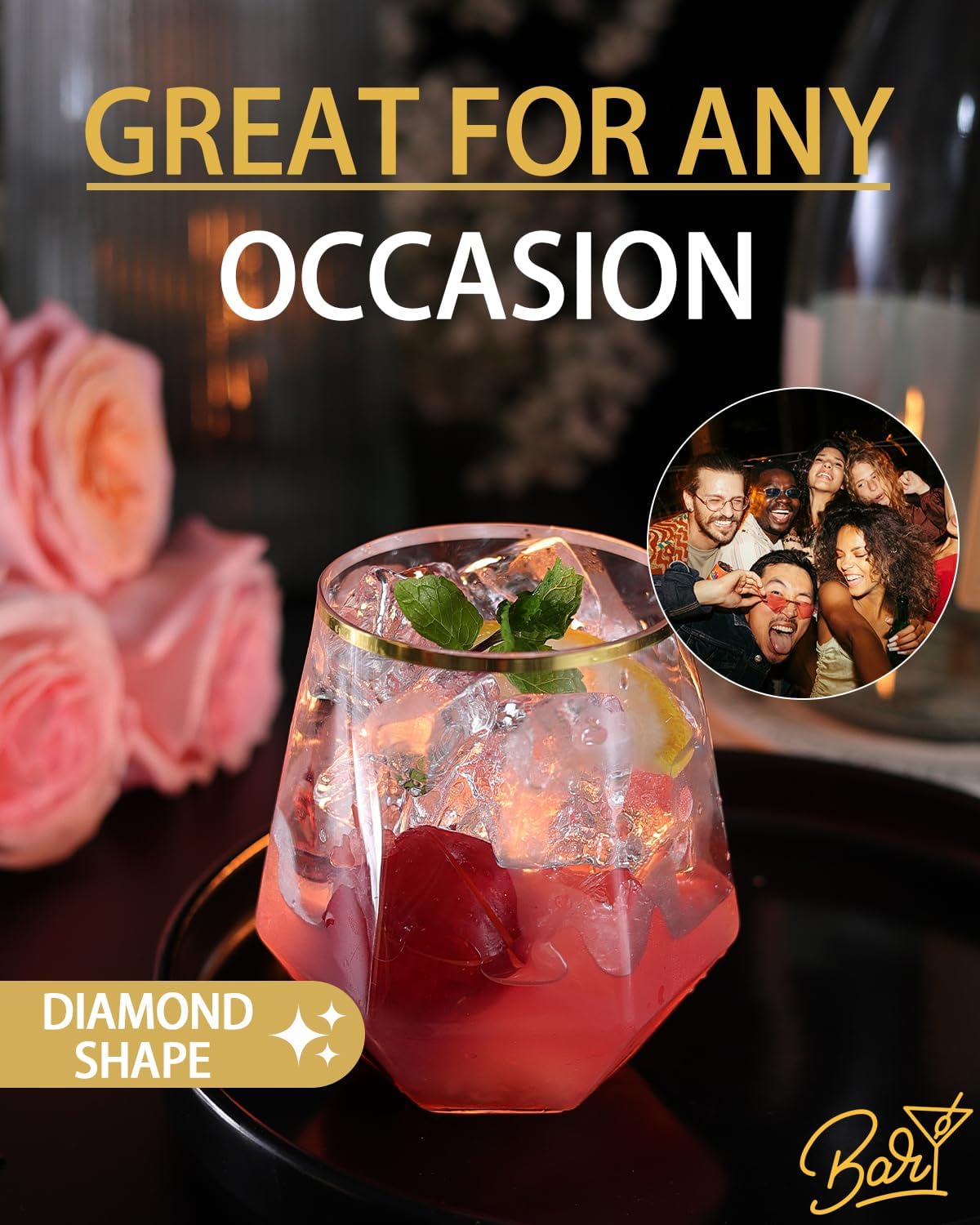 40 Pcak Plastic Stemless Wine cocktail Whiskey Champagne Glasses, 12 Oz Gold Rim Disposable Clear Unbreakable Cups for Party Bars Wedding Tasting (Diamond-shaped)