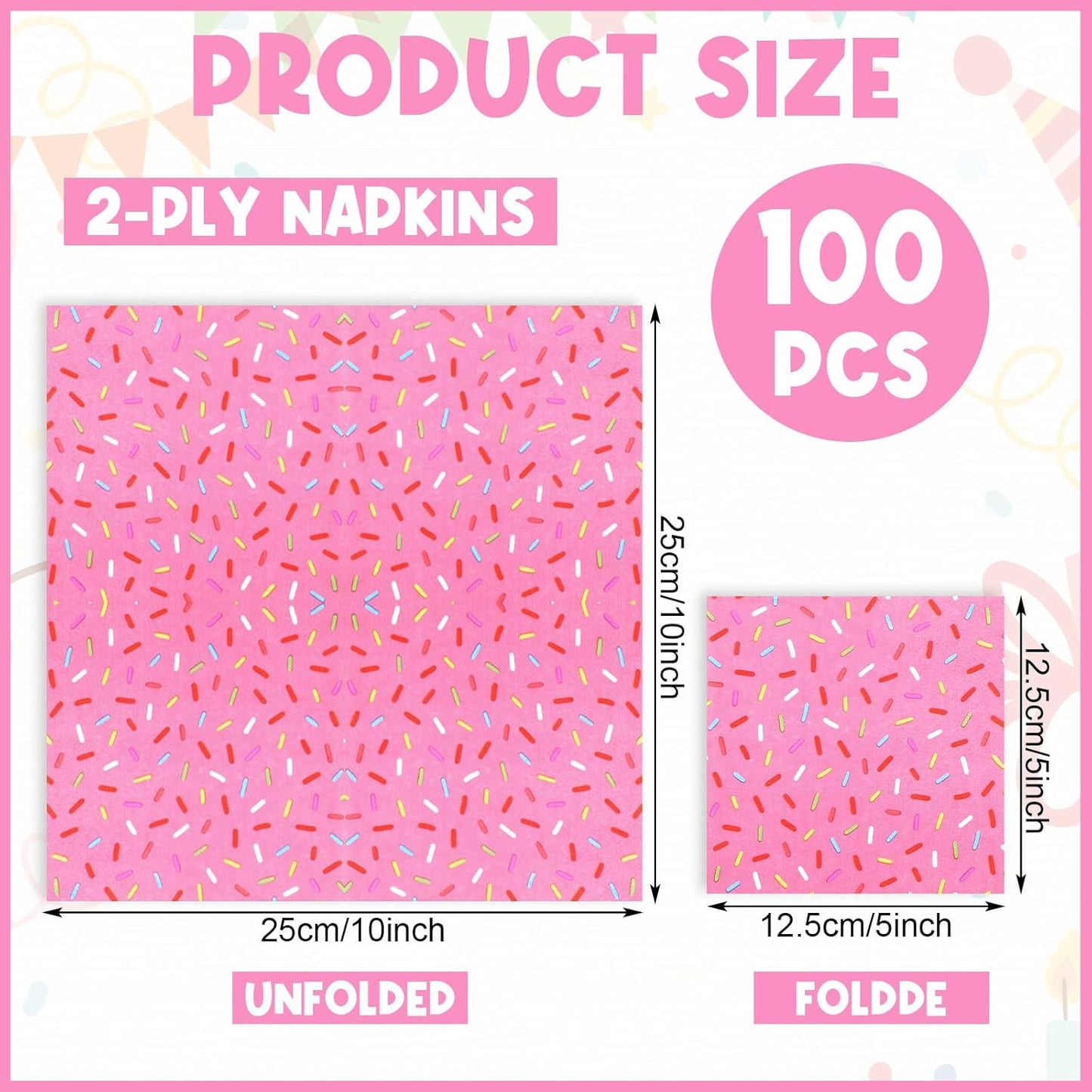 100 Pcs Sprinkles Napkins 2 Ply Disposable Paper Napkins for Baby Shower Birthday Party Theme Table Decor Supplies (Pink,Donut)