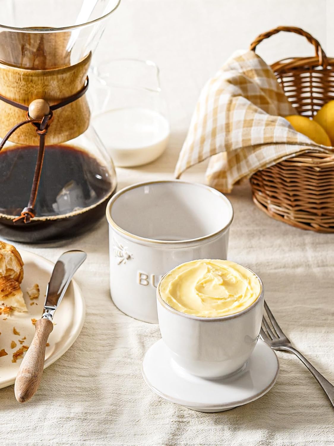 LE TAUCI Butter Crock, Butter Dish with Lid, Butter Container for Counter with Water Line, Embossed French Butter Keeper for Spreadable Butter, Suit For Housewarming - Set of 1, Arctic White, Bee