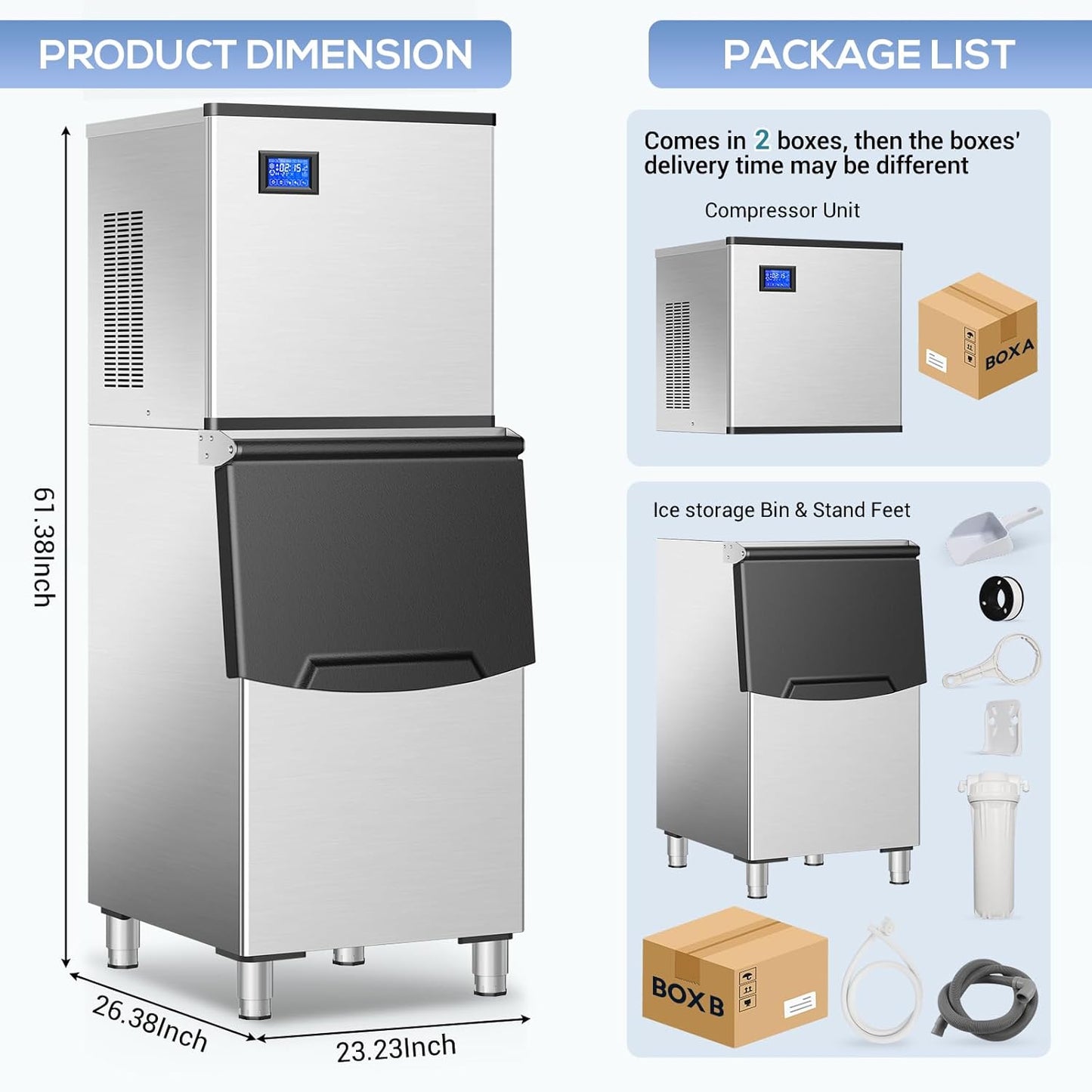 Commercial Ice Maker Machine 150Lbs/24H with 2 Water Inlet Modes, 36Pcs Ice Cubes in 8-15 Mins, Stainless Steel Under Counter/Freestanding Ice Machine with 25Lbs Storage Bin for Home/Shop/Office/Bar