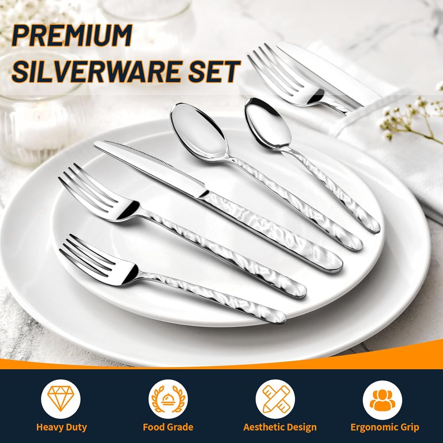 Silverware Set, 40 Piece Premium Stainless Steel Flatware Set for 8, Heavy Duty Silverware Cutlery Sets with Wavy Patterns, Spoons and Forks Set, Mirror Polished, Dishwasher Safe