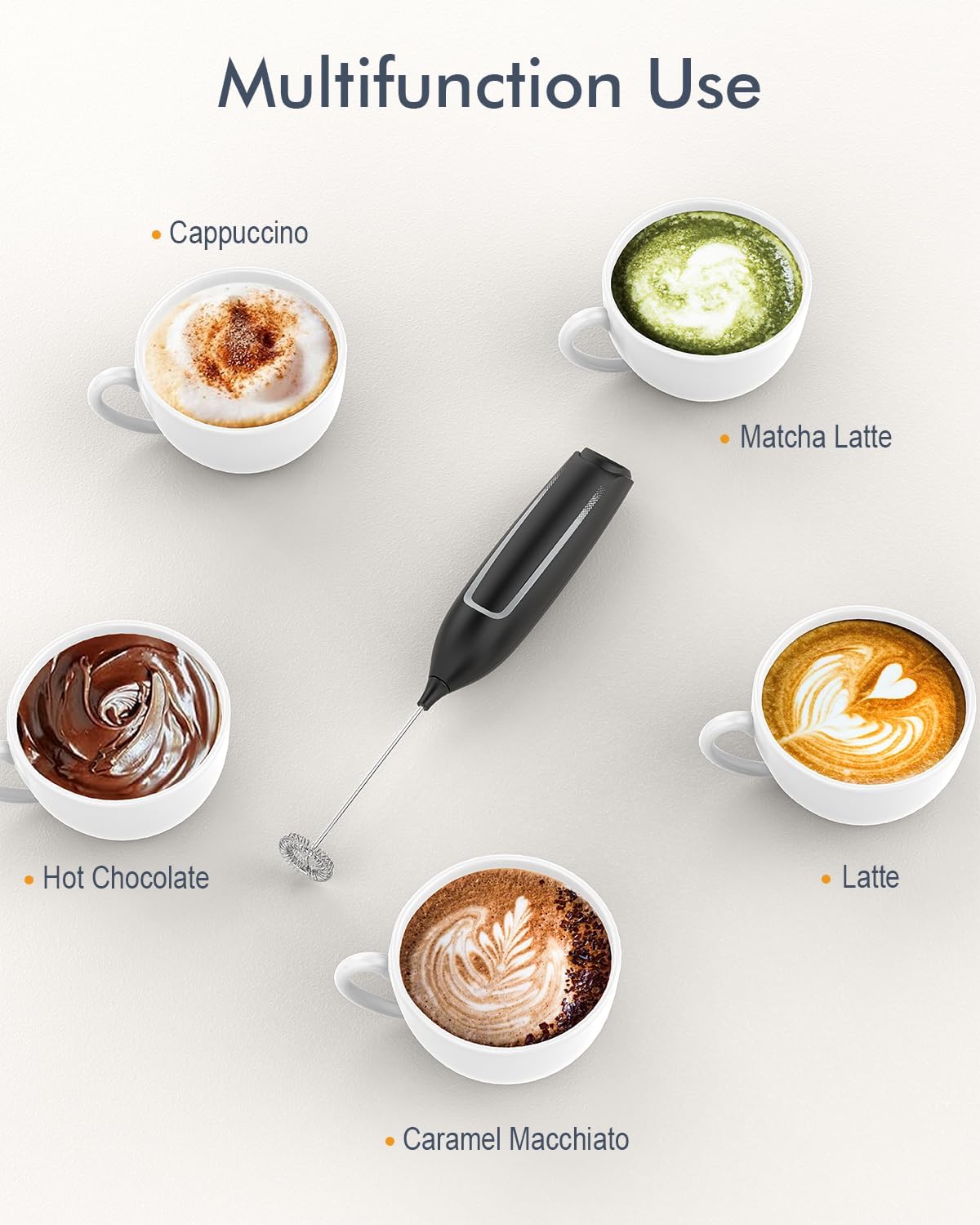 Milk Frother Handheld Battery, Electric Foam Maker Frother Wand, Drink Mixer with Stainless Steel Whisk for Coffee, Matcha, Lattes, Cappuccino Black