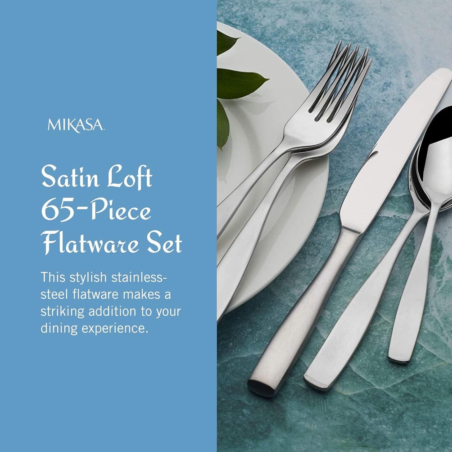 Mikasa Satin Loft 65-Piece Flatware Set for 12, 18/10 Stainless Steel Silverware with Forks, Knives, Spoons, and Serving Utensils, Durable and Elegant Design