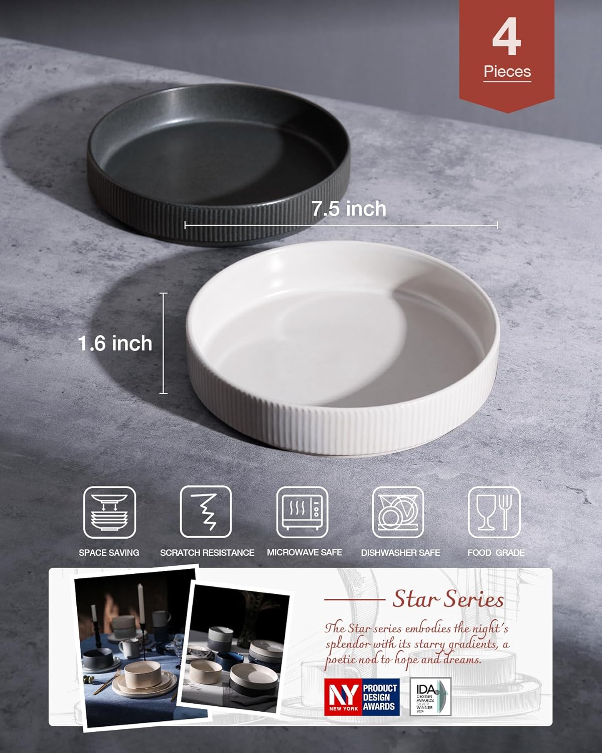 famiware Star 7.5" Pasta Bowls Set, Salad Bowl Set of 4, Double Reactive Glaze, Stackable, Perfect for Your Friend for Housewarming, Thanksgiving, Christmas, Dark Charcoal & White Full Glaze Matte