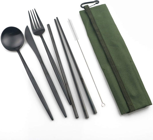 Portable 6 Pieces Flatware Set, 304 Stainless Steel Knife, Fork, Spoon, Chopsticks, Metal Straw, Cleaning Brush, Durable Travel Cutlery Set, Army Green Pouch Bag, Black