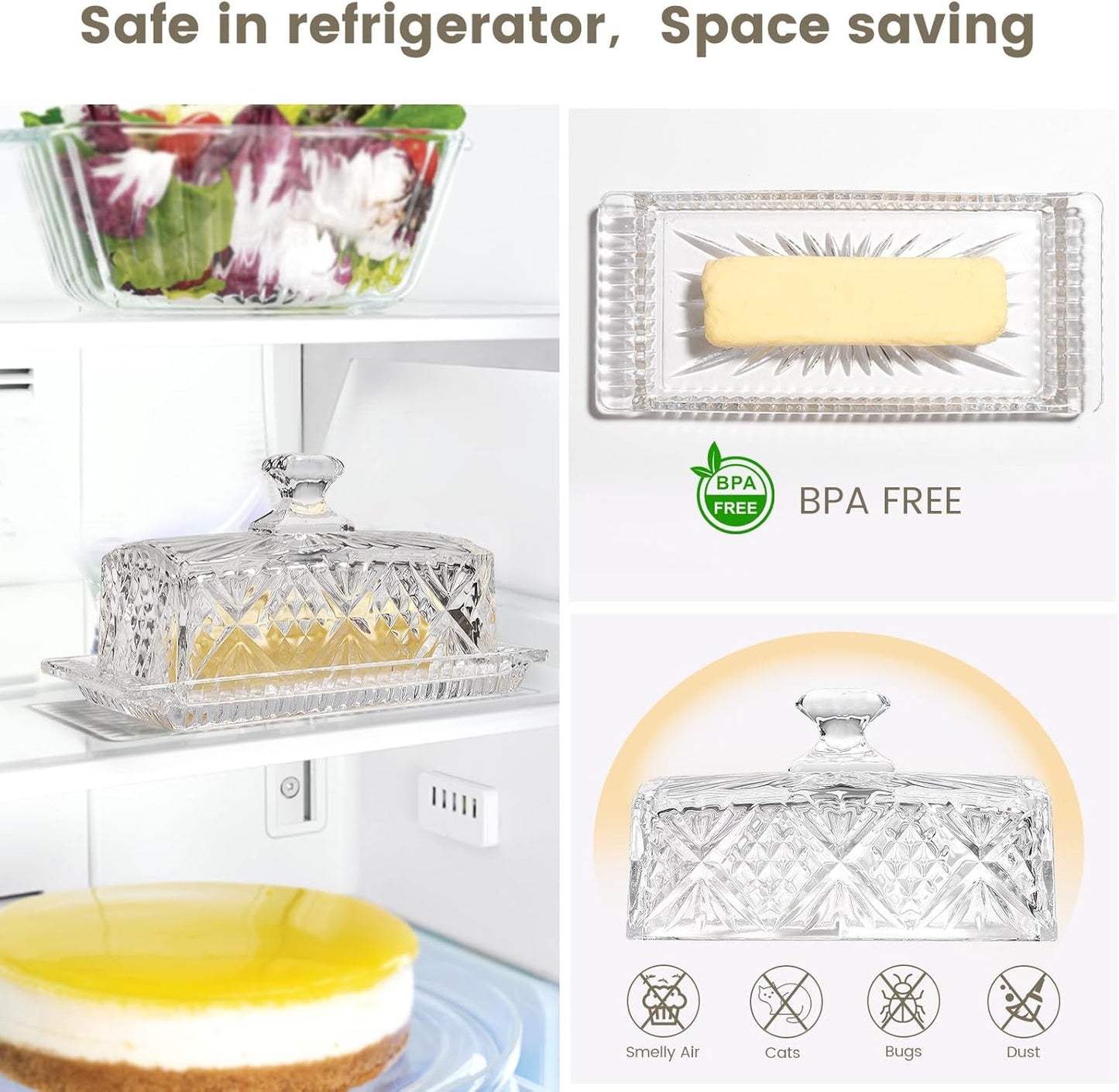 Butter Dish with Lid for Countertop,Glass Butter Container for Counter,Covered French Butter Tray,Large and Wide Butter Tray Holder for Fridge or Keepers on Counter (Clear-6)