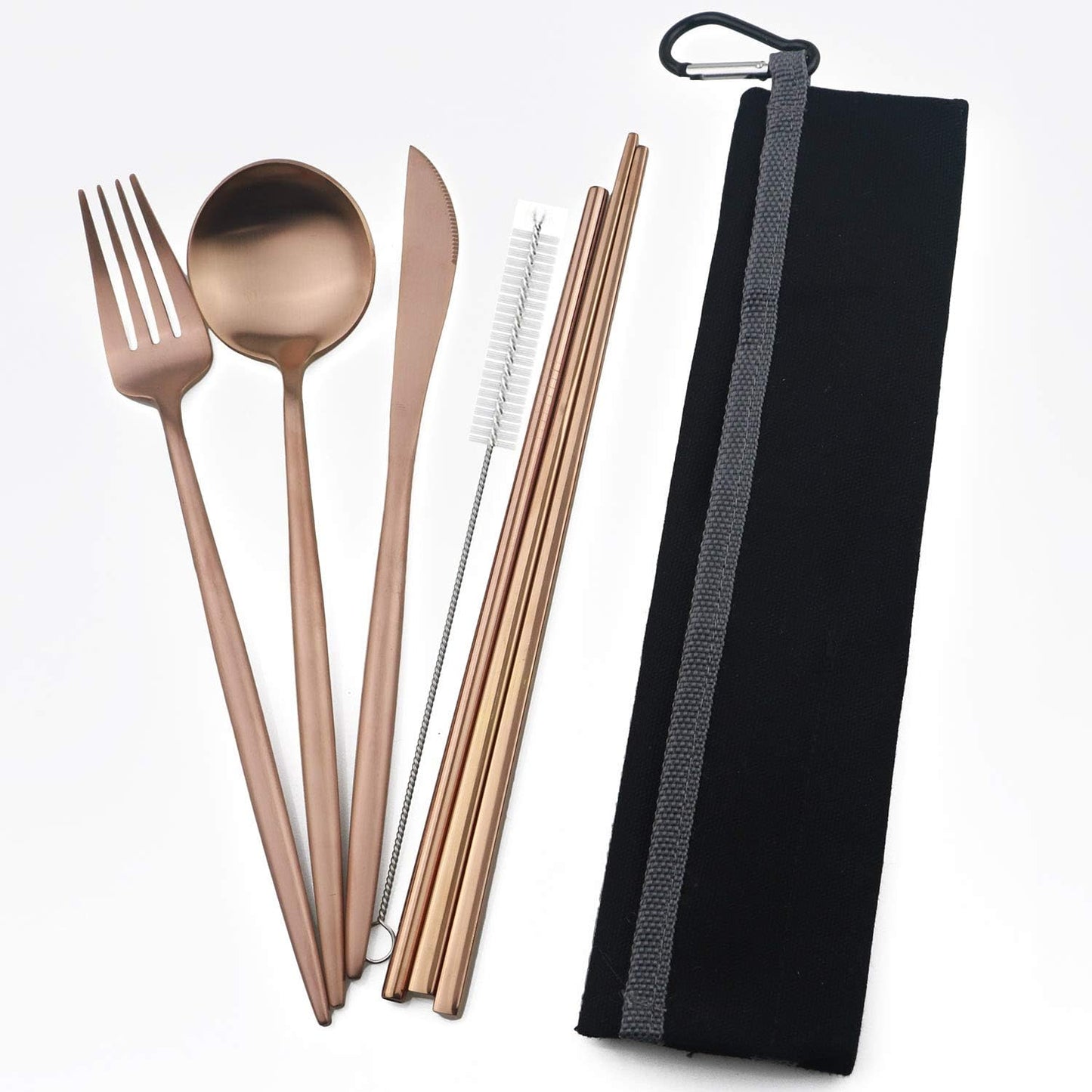 Portable 6 Pieces Flatware Set, 304 Stainless Steel Knife, Fork, Spoon, Chopsticks, Metal Straw, Cleaning Brush, Durable Travel Cutlery Set, Black Pouch Bag, Rose Gold