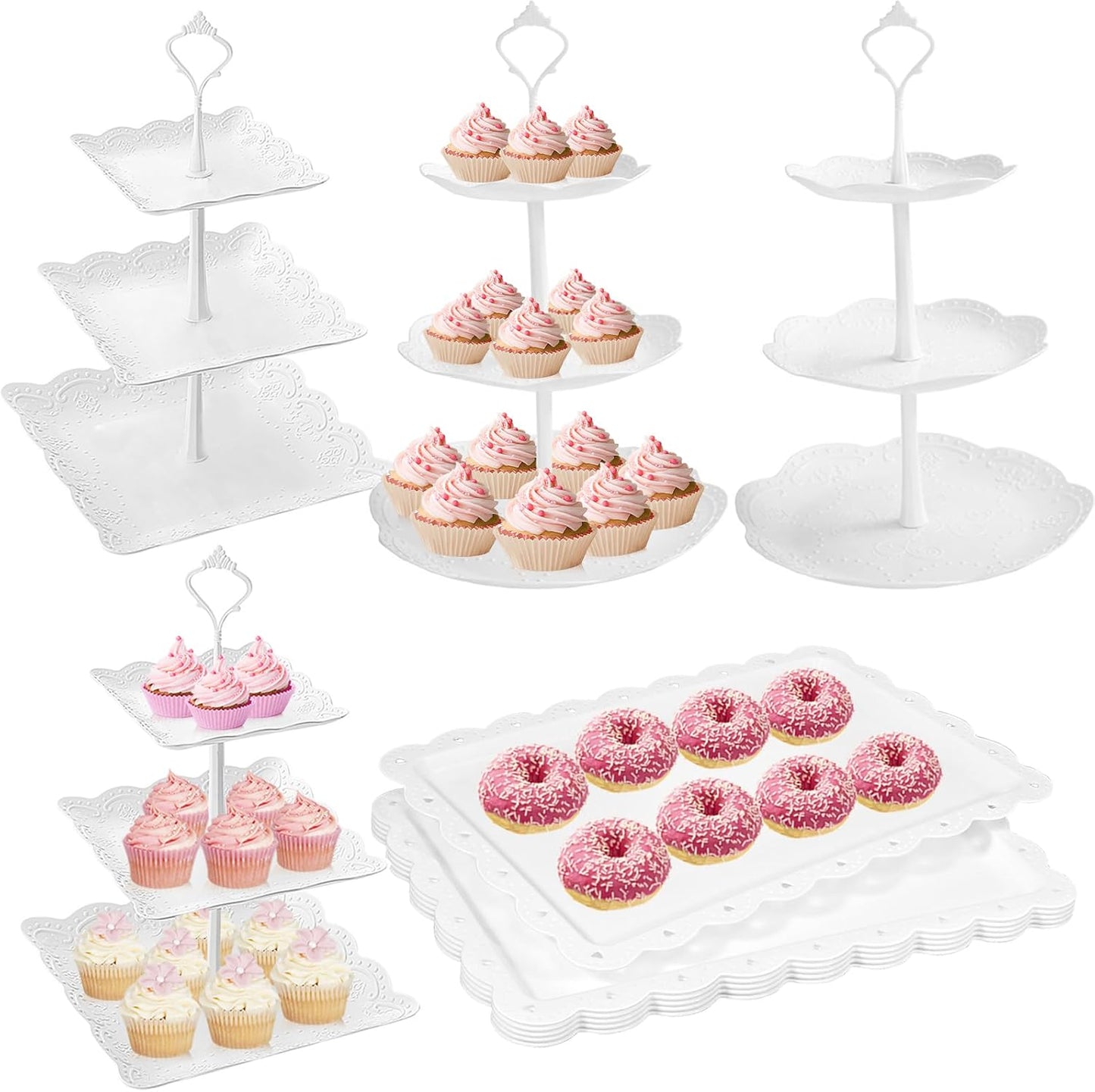 10 Pcs Cake Stand White Plastic Dessert Table Display Set 4 Pcs 3 Tired Cupcake Stand Cookie Tray Rack Serving Tray Cake Display Tower and 6 Pcs Dessert Trays for Wedding Baby Shower Tea Party