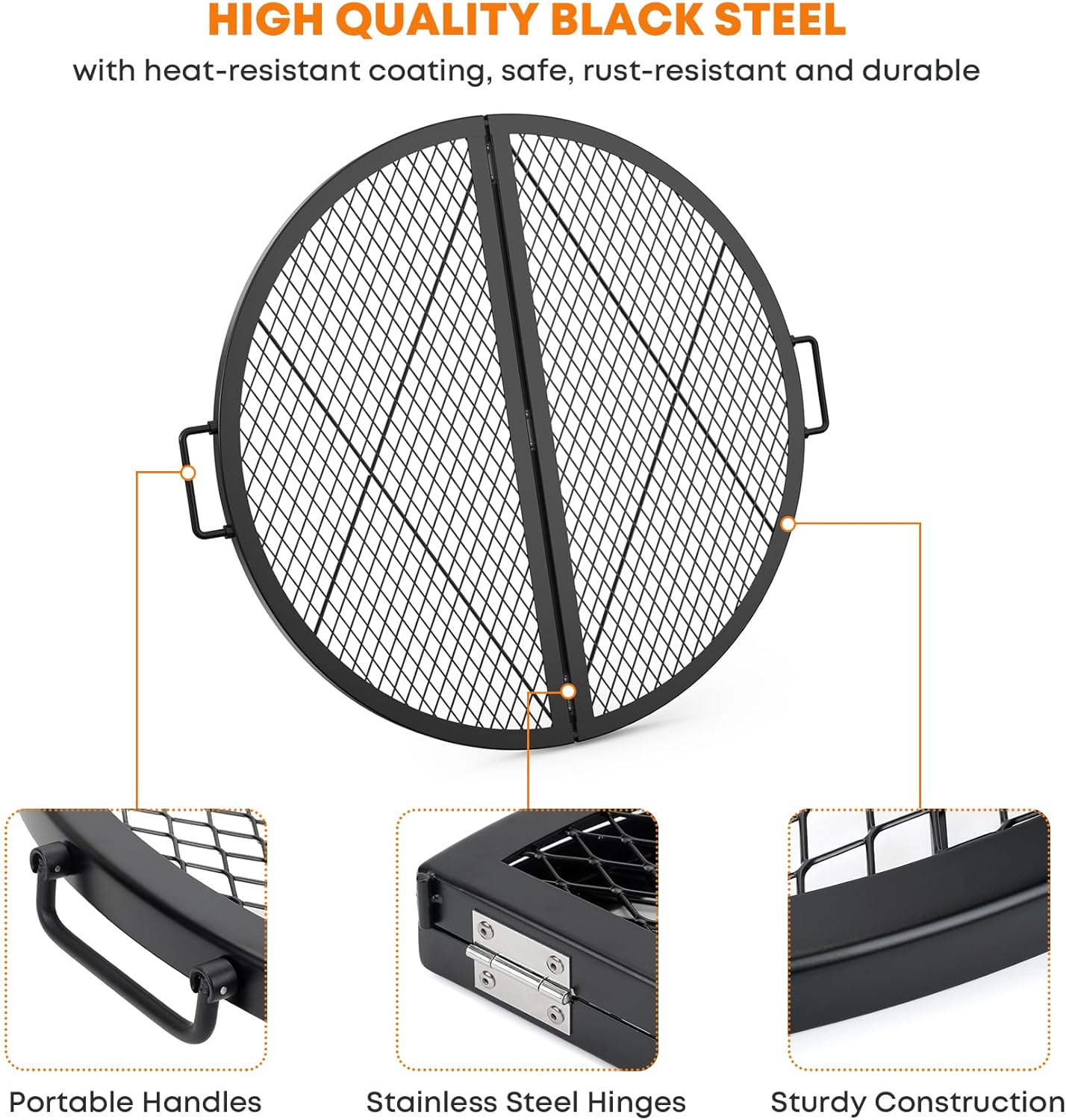 Stanbroil X-Marks Fire Pit Cooking Grate, Foldable Round Grill Grate with Handles, 30 Inch Portable Outdoor Campfire BBQ Grill, Black
