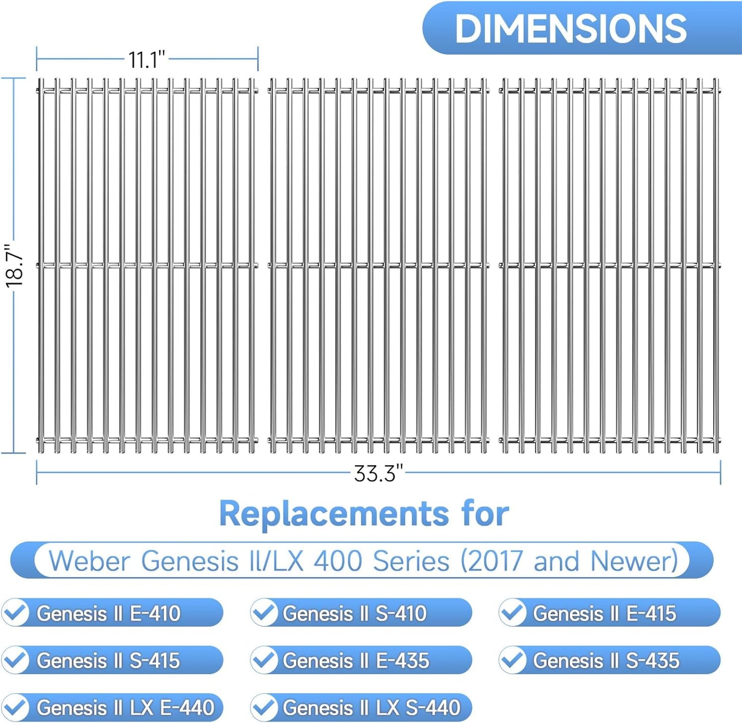 3Pack Stainless Steel Replacement Grill Parts for Weber Genesis 2 GS4 Grates 66089 66097 LX 400 SER GBS S-435, Weber Genesis II E-410, E-435, S-435, SE-410, Kitchen-aid 720-0856V 740-0781