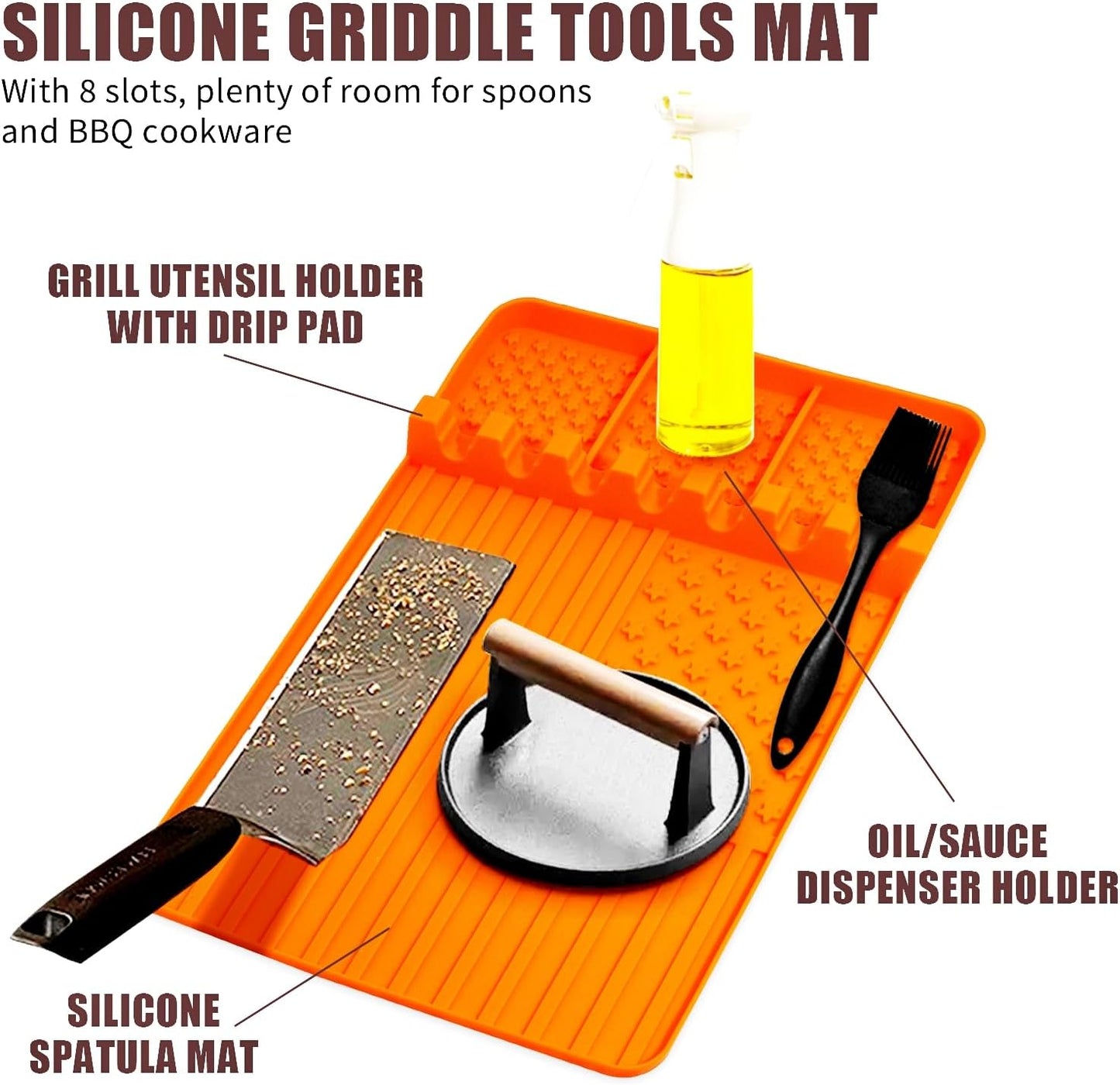 Silicone Griddle Tools Mat for Blackstone,Grill BBQ Caddy Utensils Holder for Kitchen,Cooking & Countertop,Large Spatula Mat with Drip Pad,Griddle Accessories for Blackstone (Orange)