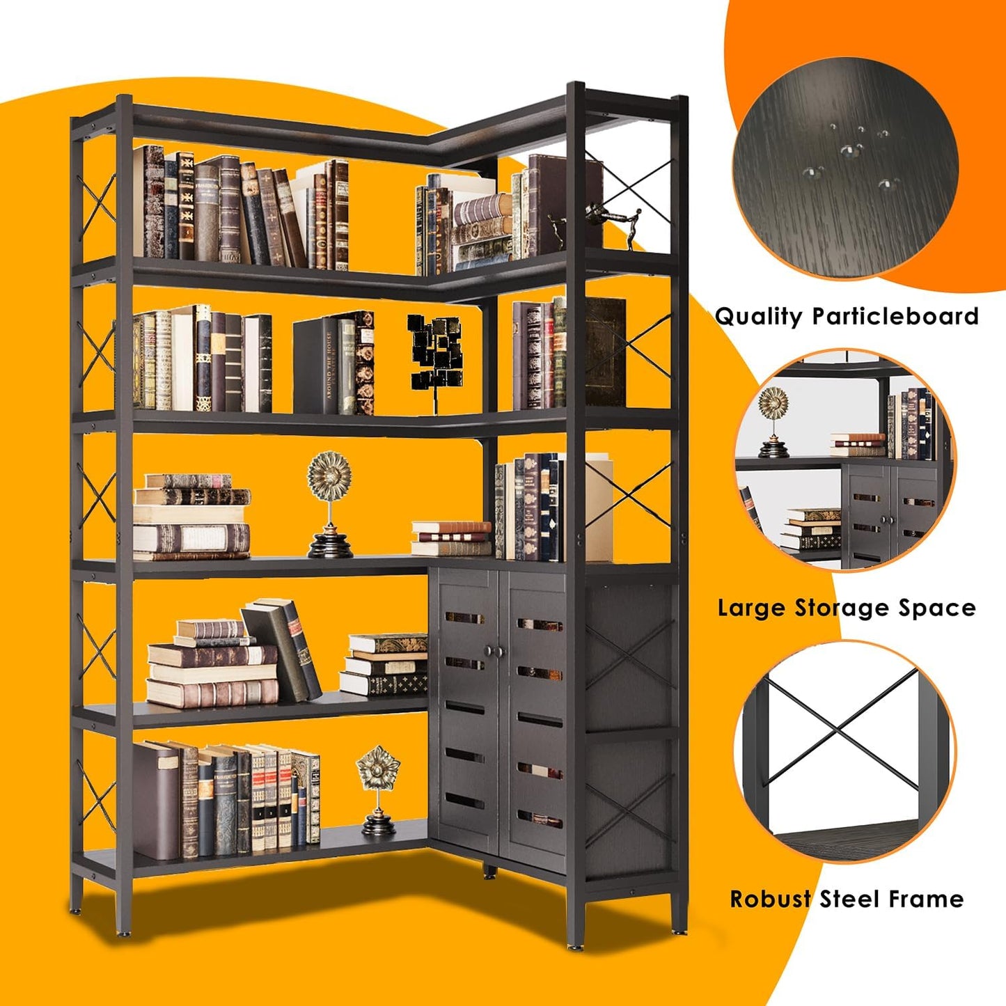 6-Shelf Corner Bookshelf, Vintage Industrial Corner Shelf Etagere Bookcase, Large Book Shelf with Metal Frame Open Storage Corner Cabinet (Black-Lockers)