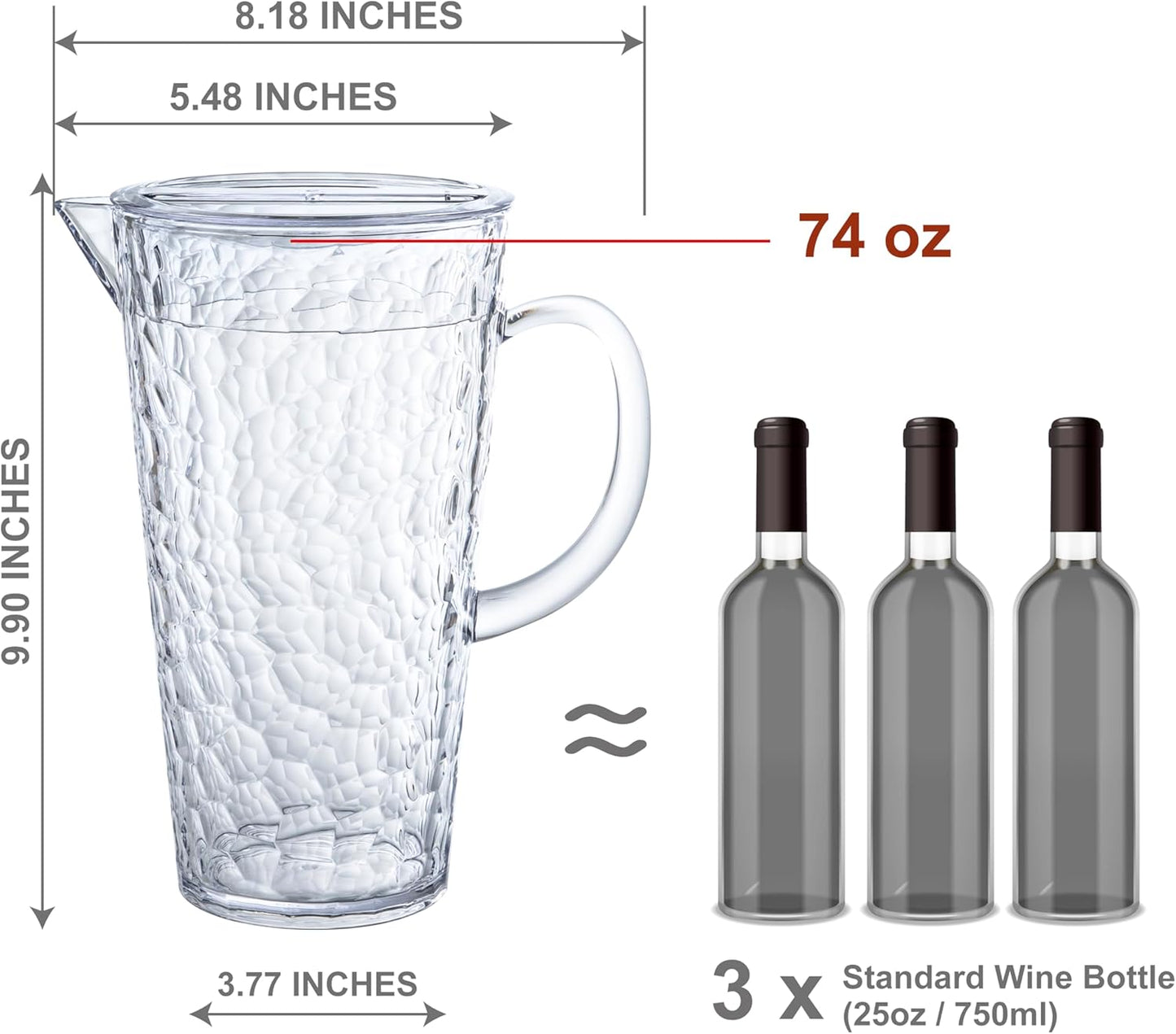 Bzyoo 74oz Clear ChillCraft Water Jug, BPA-Free Pitcher with Lid, Hammered Glass-Style Durable Plastic, Ripple Effect Design, Easy-Pour Spout, Ideal for Orange Juice, Iced Tea, Infused Waters