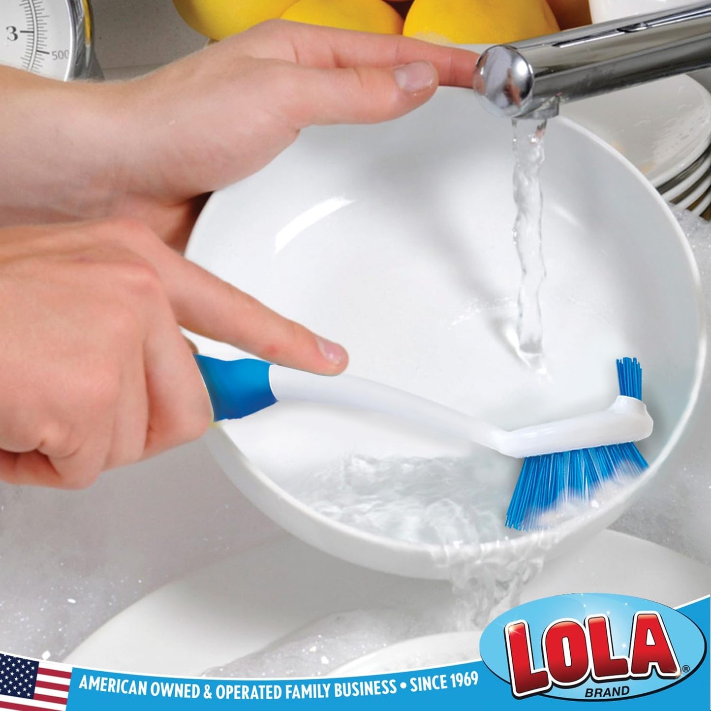 LOLA Pro Dish Brush Kitchen Scrubber | Poly Fiber Bristle | Built-in Food Scraper | Comfort Rubber Non-Slip Handle | Safe for Non-Stick & Coated Cookware | Dishwasher Safe for Cleaning 2 CT