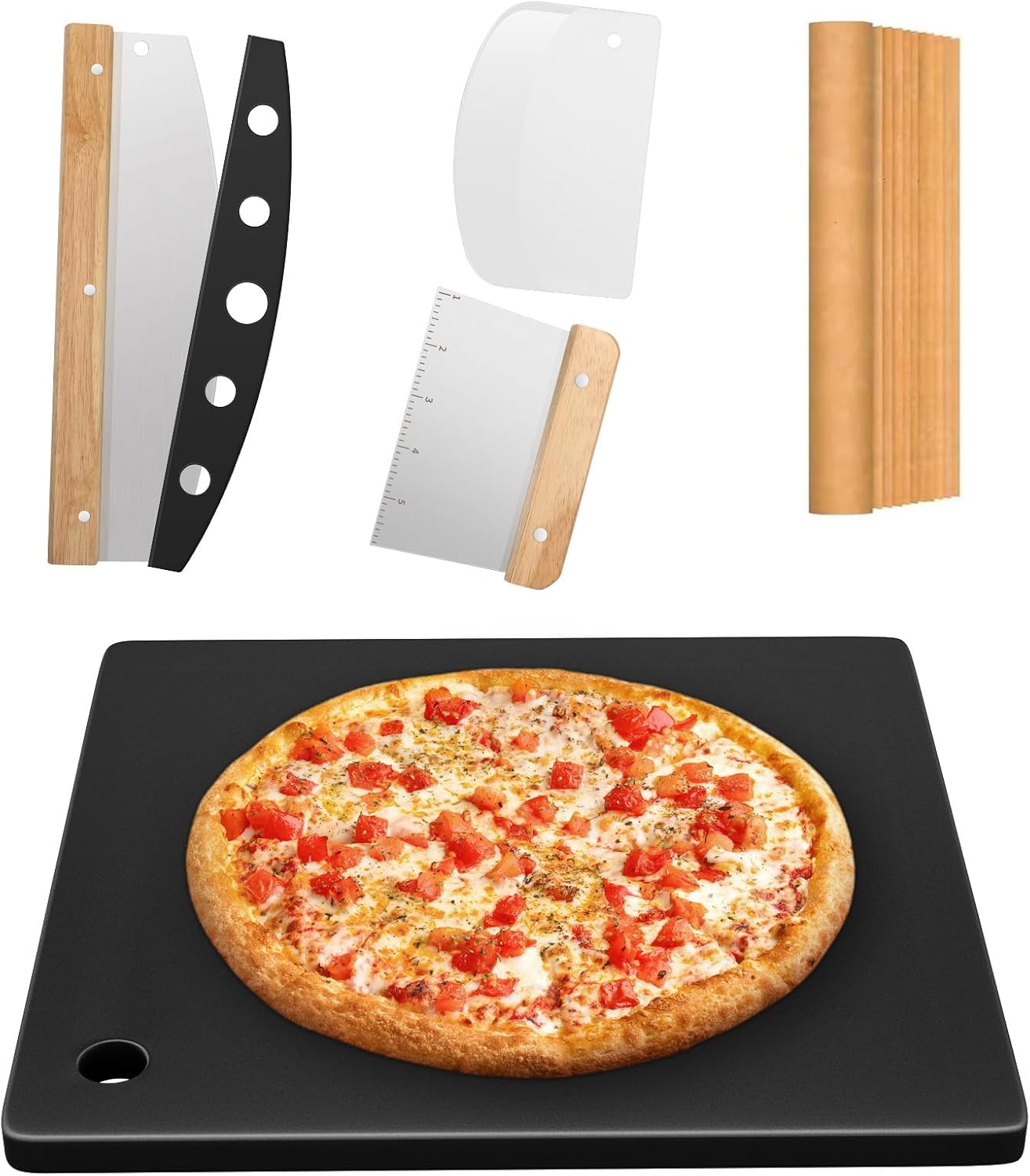 Hisencn Pizza Steel for Oven and Grill, 16 x16 inch Square Ceramic Pizza Steel 1/4" Thick, With Pizza Cutter Rocker, Measuring Scale Scraper, Plastic Cutter & 20 Cooking Papers