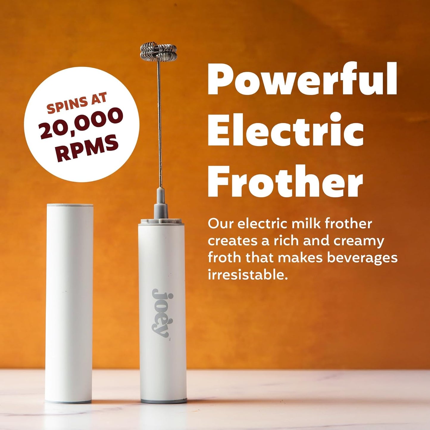 Joe’y High-Grade Milk Frother, USB-Powered Handheld Whisk for Coffee, Lattes, Matcha, Hot Chocolate, Dual-Speed Stainless Steel Frothing Wand with Travel Case, Double-Whisk, White