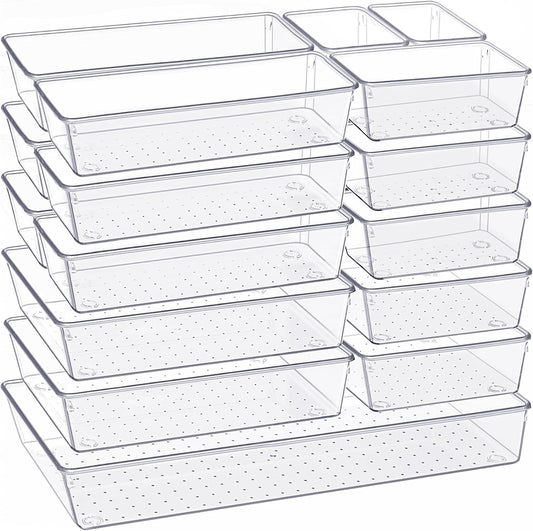 Criusia Drawer Organizer, 18 Pack Large Clear Plastic Kitchen Drawer Organizers Set, 6 Size Versatile Bathroom and Vanity Drawer Organizer Trays, Storage Bins for Makeup, Bedroom, Kitchen Utensils