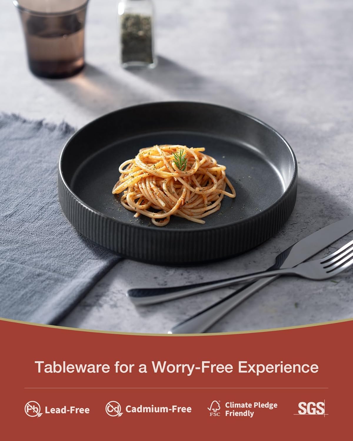 famiware Star 7.5" Pasta Bowls Set, Salad Bowl Set of 4, Double Reactive Glaze, Stackable, Ideal for Your Friend for Housewarming, Festivals, Matte Dark Charcoal (Full Glaze)