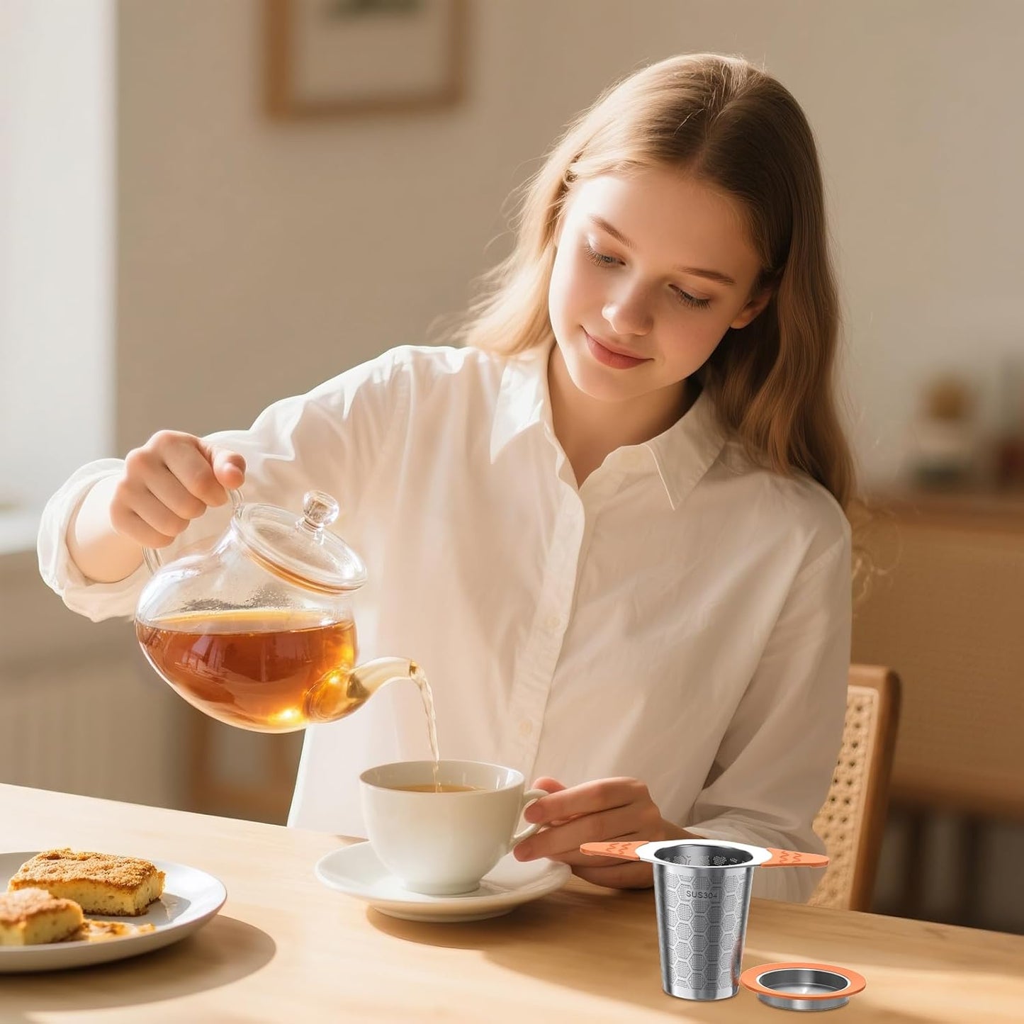Tea Infuser for Loose Leaf Tea,18/8 Stainless Steel Tea Infuser with Heat Proof Silicone Handles,Extra Fine Mesh Tea Strainers Filter Fine Tea Leaves Effectively,Fits TeaPots/Mugs-Orange