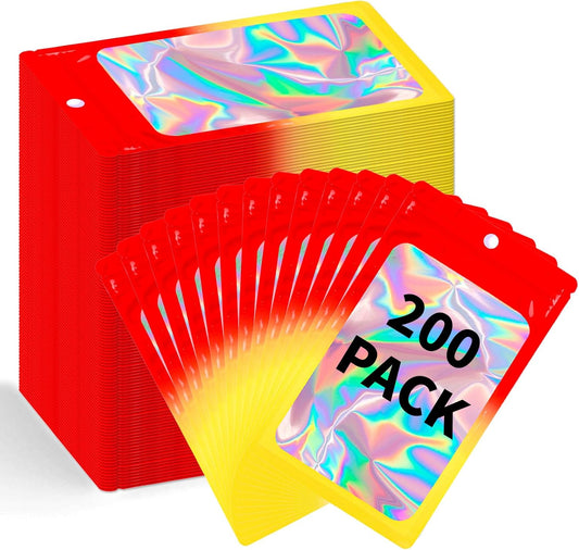 200 Pack Resealable Mylar Holographic Bags Food Storage Smell Proof Bags with Front Window Foil Packaging Pouch for Candy Sample Jewelry Small Business 3.54×6.29 Inch, Red Fade Yellow