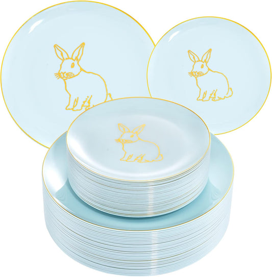 KIRE 60 Pieces Easter plates with Gold Bunny-Mint Green Plastic Plates include 30Pieces 10.25inch Dinner Bunny and 30Pieces 7.5inch Green Dessert/Salad Plates for Easter Day