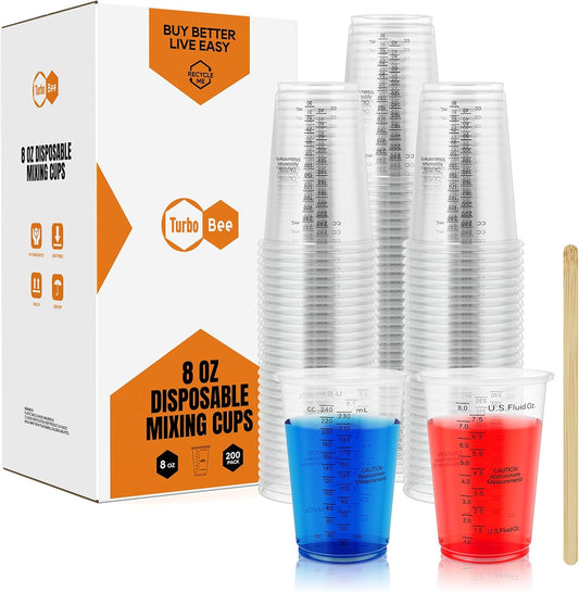 Plastic Measuring Cups 8OZ,200 PACK Disposable Mixing Cups with 200 Mixing Sticks,Paint Graduated Measuring Tumblers for Epoxy Resin, Paint Mixing, Art DIY