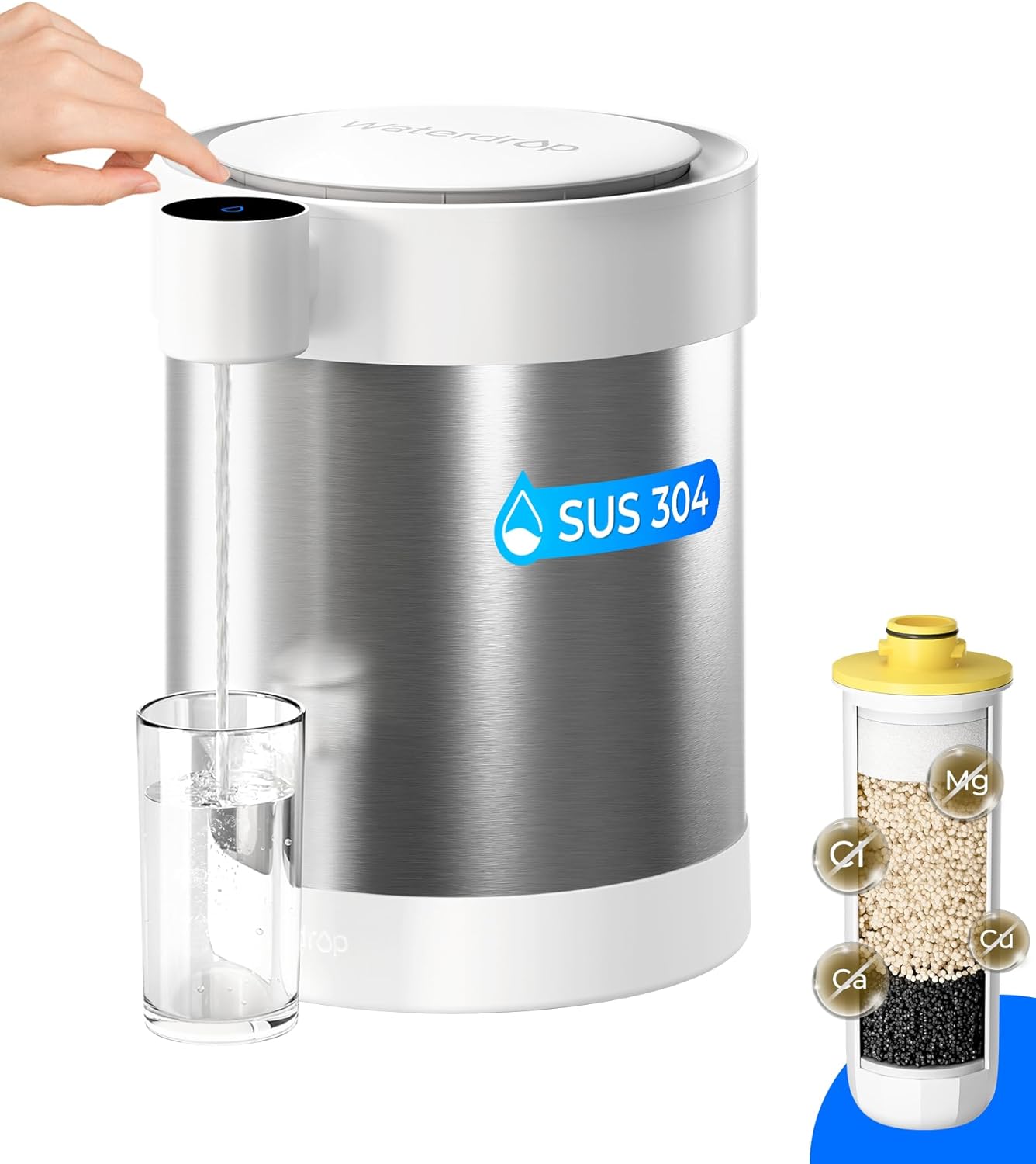 Waterdrop Rechargeable Non-Gravity Water Filter System, 5-Stage Stainless Steel Countertop Filtration, Reduce 70+ Contaminants, Includes Lead, Chlorine and Cadmium, 22-Cup Water System, with 1 Filter