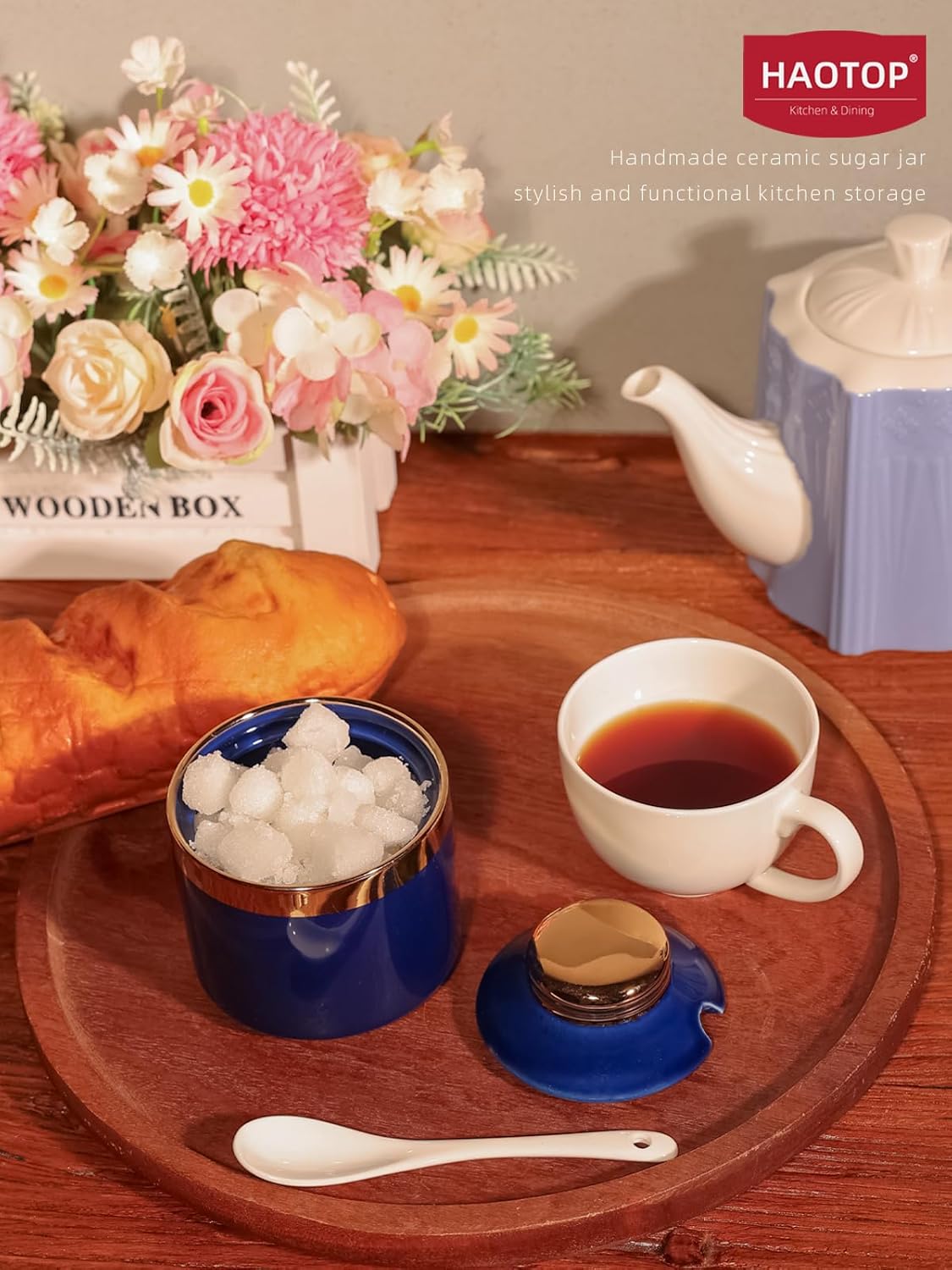 HAOTOP 8 oz Sugar Bowl with Lid and Spoon, Simple Ceramic Sugar Jar Sugar Dispenser Sugar Container Coffee Bar Accessories, Modern Kitchen Countertop Canisters, Navy