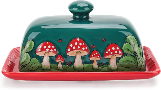Fungi Fun Mushroom Butter Dish With Lid For Countertop Ceramic Butterdish, Red Mushroom Butter Container, Butter Tray Large Butter Dish Covered (Dark Green, Standard)