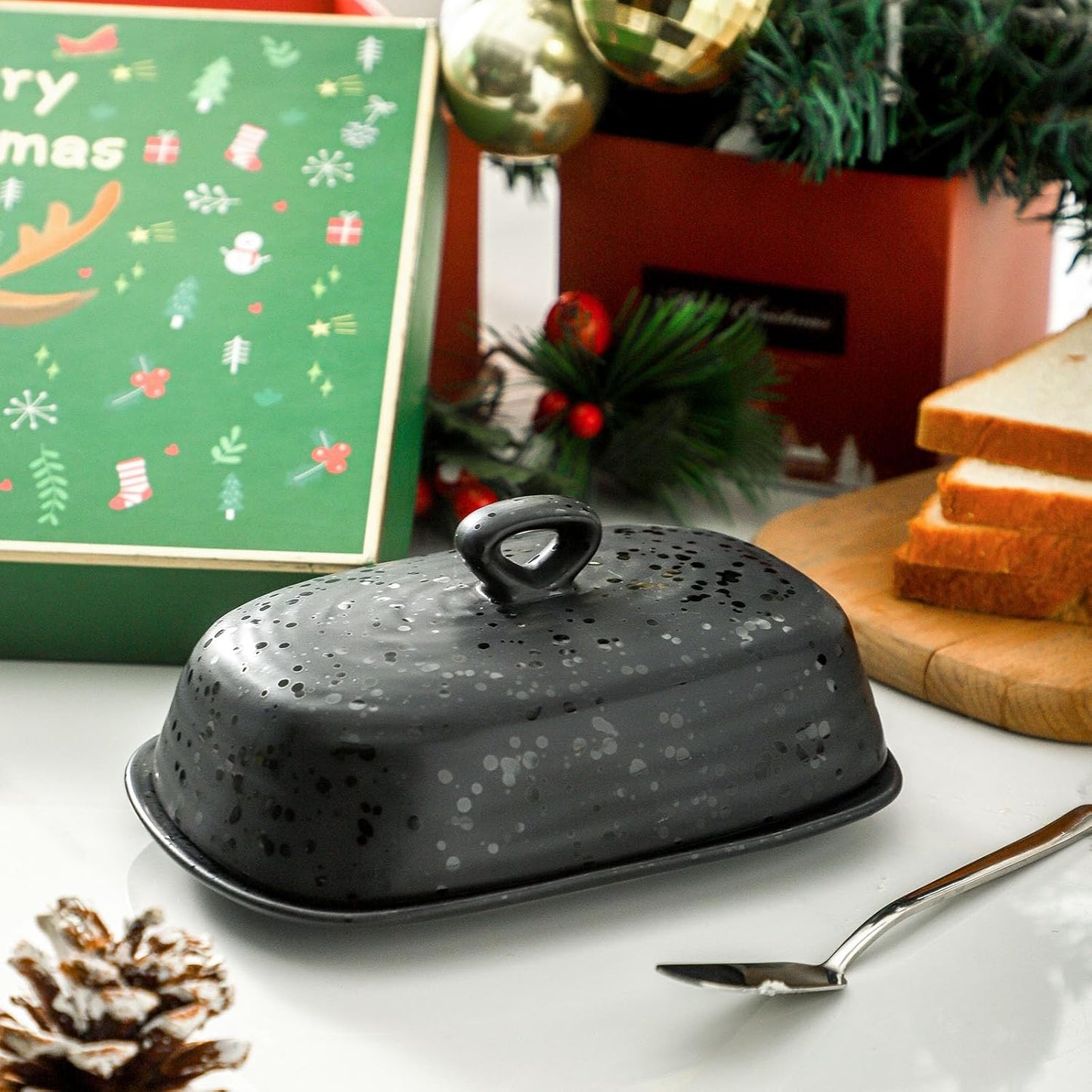 Hansense Porcelain Butter Dish with Lid for Countertop, Ceramic Butter Keeper with Handle Cover, Butter Holder Container Perfect for East and West Coast Butter, Dishwahser Safe, Dark