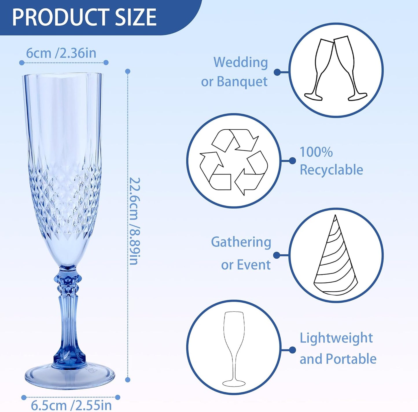 Plastic Champagne Flutes, 24PCS Blue Plastic Wine Glasses Goblets Reusable Champagne Flute for Weddings, Bachelor Parties, Toasting, and Events (24, Blue)