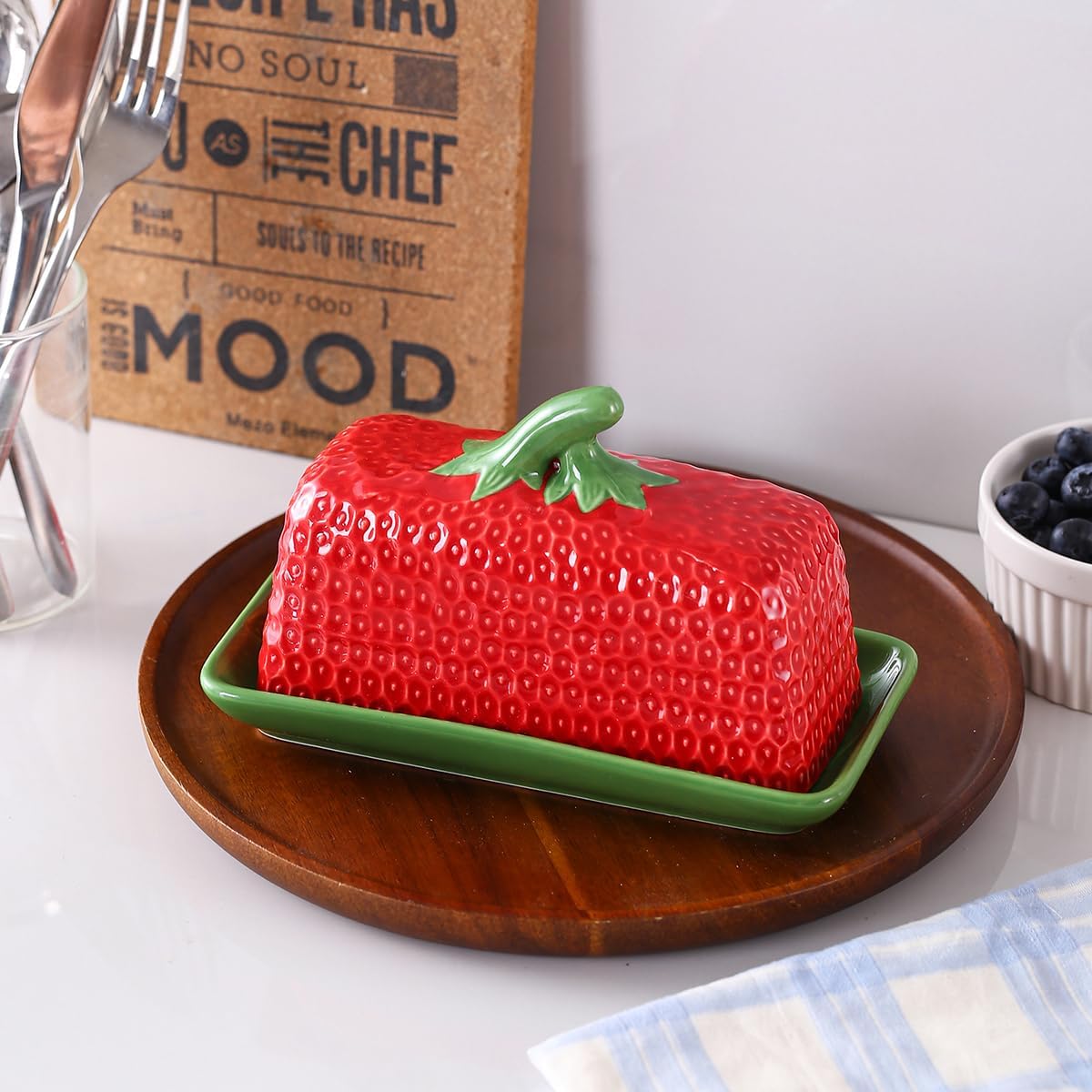 Strawberry Butter Dish with Lid, Ceramic ButterDish, Large Kitchen Strawberry Butter Holder, Serving Tray with Cover, Butter Storage Container, Holds 1 Stick (Red, Large)