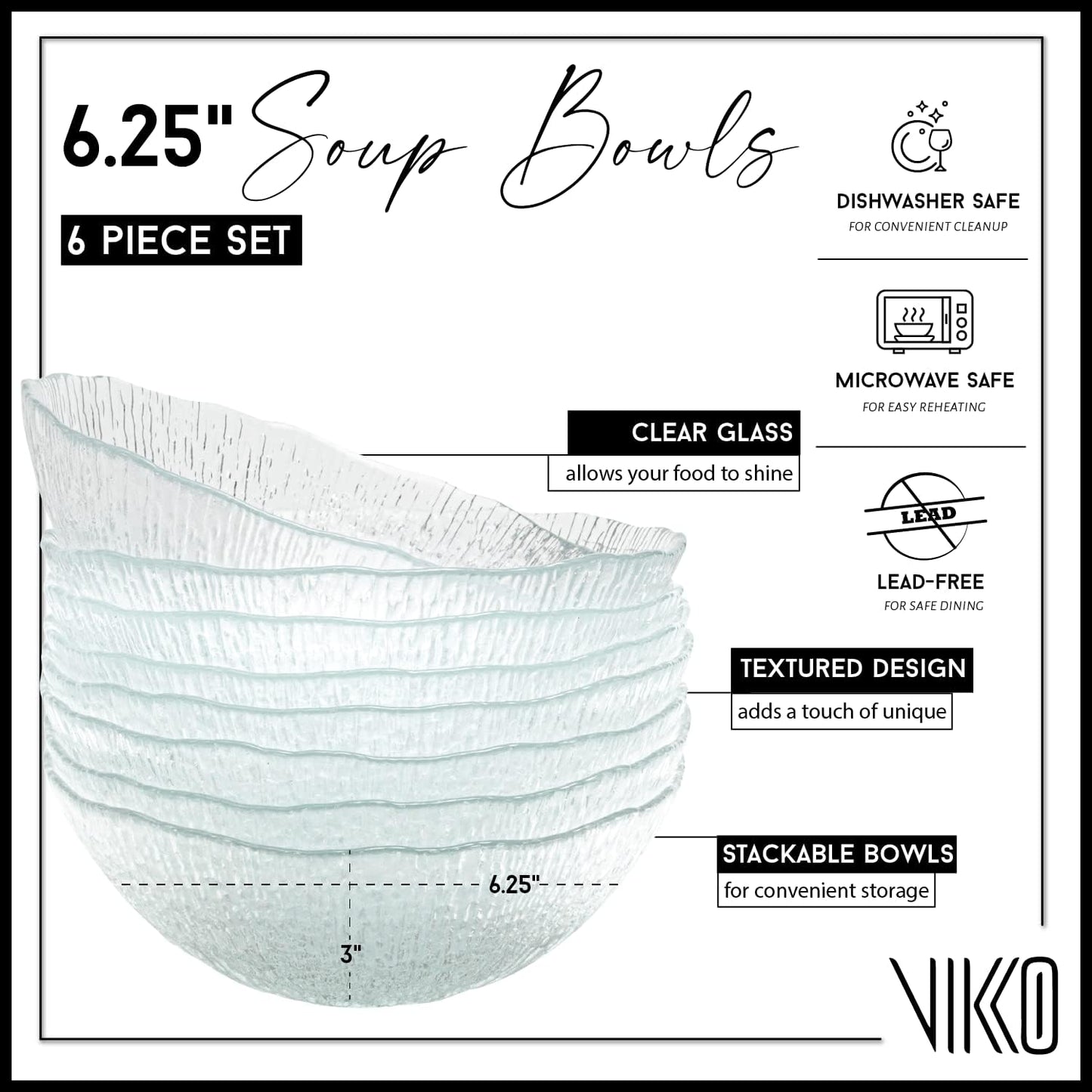 Vikko Soup Bowls, 6.5 Inch Salad Bowls, Glass Soup Bowls, Elegant Textured Glass Bowls, Set of 6, Dishwasher Safe