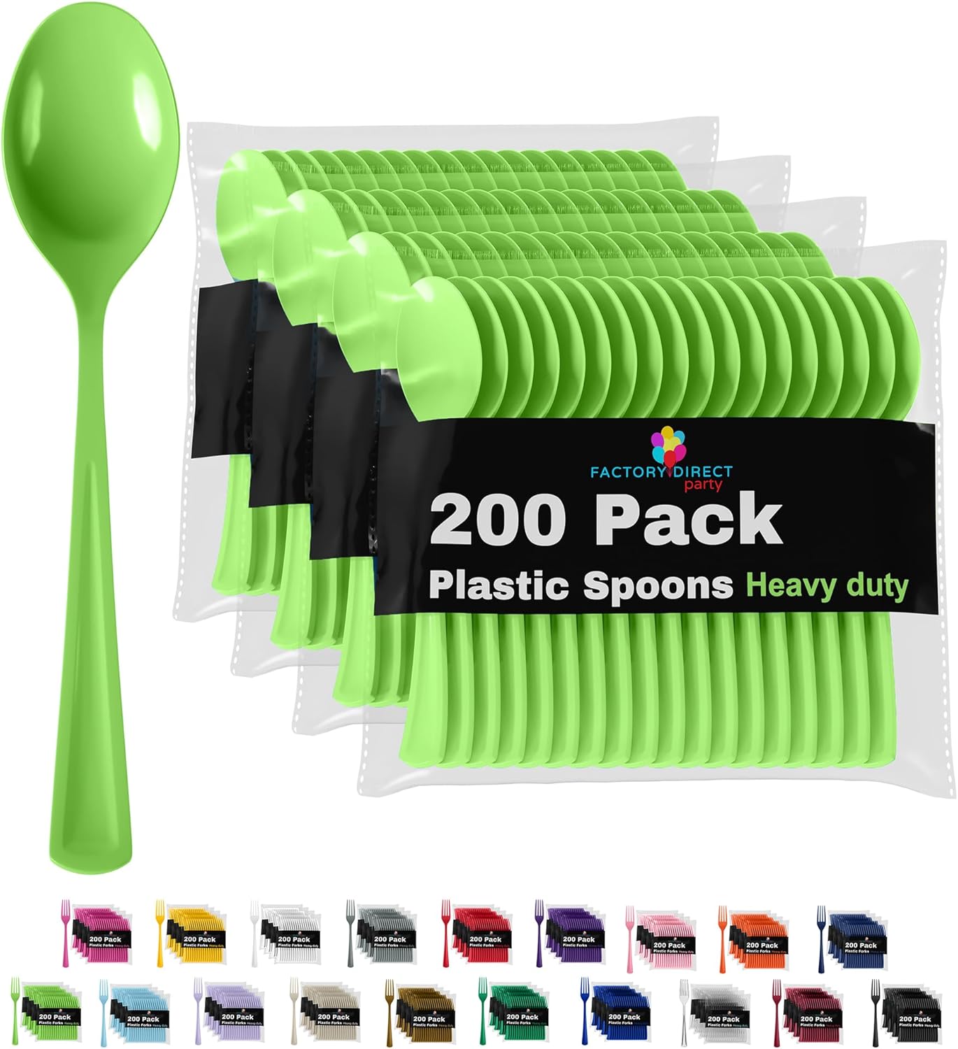 Party Solids Plastic Spoons - 200 Pcs Heavy Duty Lime Green Disposable Cutlery
