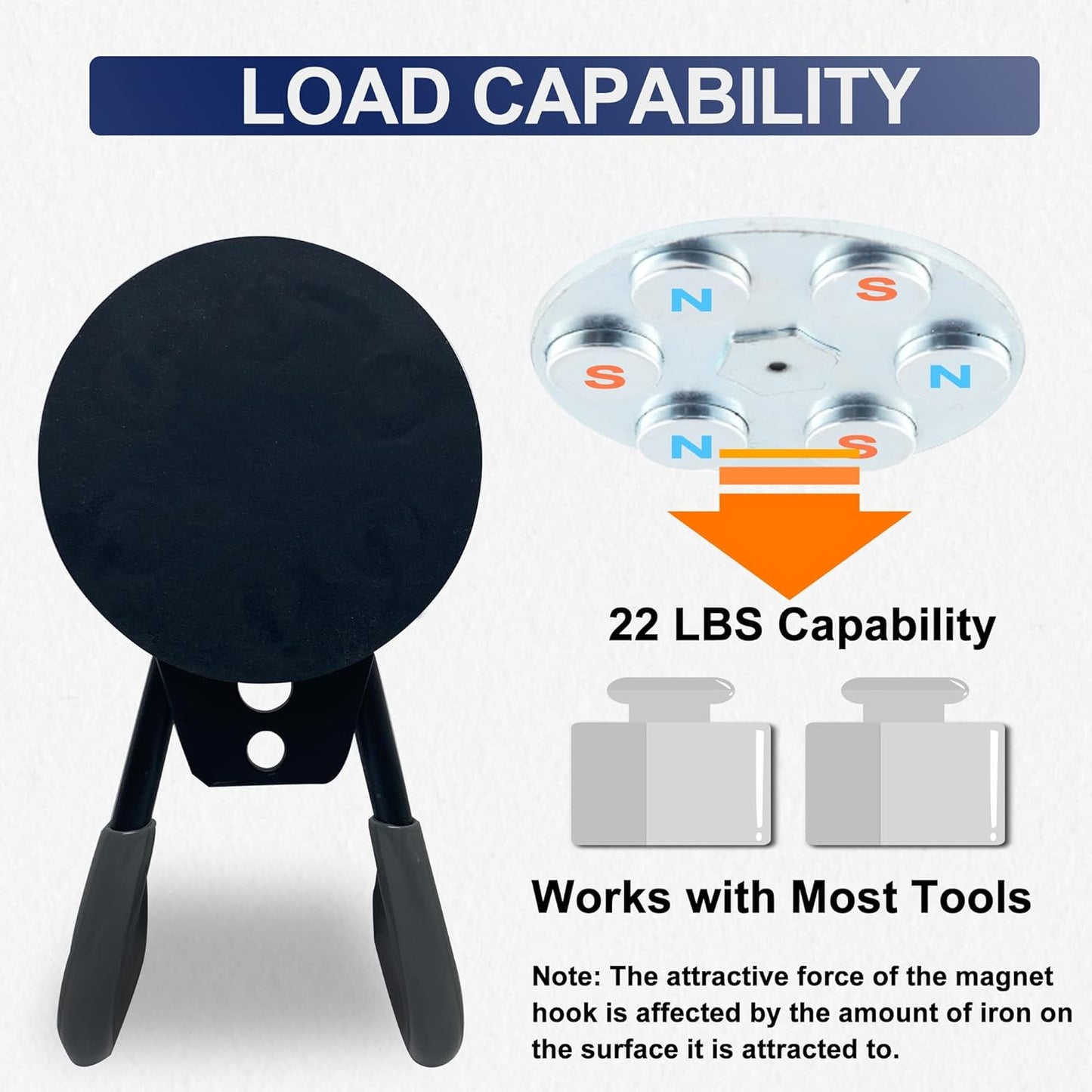 TSUYA 4 Pack Heavy Duty Large Garage Magnet Hooks, Strong Storage Utility Magnetic Hooks with Anti-Slip Rubber Coating for Hanging (Gray Hook, 2.6‘’ Diameter Base)