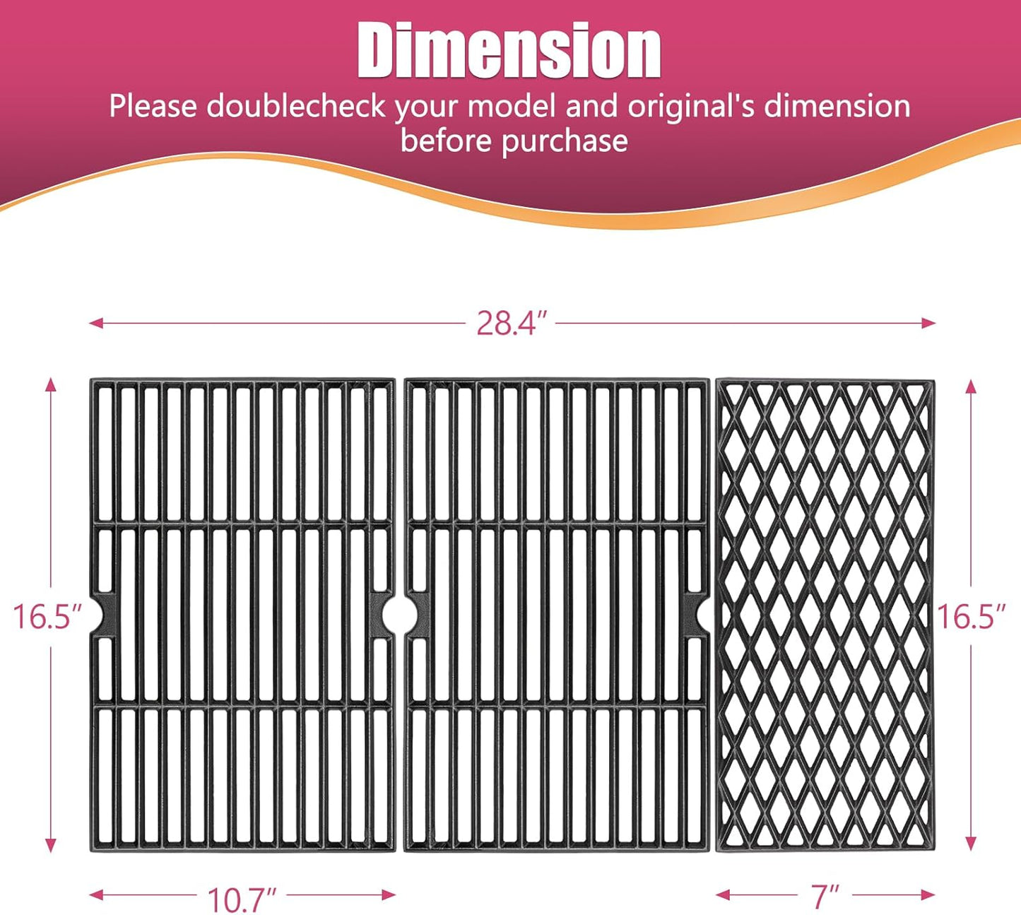 Cast Iron Grill Grates for Dyna glo DGH474CRP DGH483CRP DGF493BNP DGF493PNP-D DGB495SDP DGB495SDP-D DGB493SPB DGB463CNP DGB494SPB 70-01-911 70-02-656, Cooking Grate Replacement Part, 3 pieces