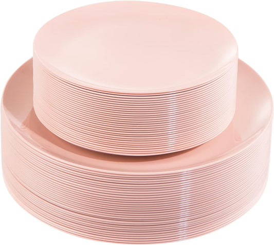 KIRE 60PCS Pink Plastic Plates Disposable - Heavy Duty Pink Plates for Party - Include 30Pieces 10.25inch for Dinner and 30Pieces 7.5inch for Dessert Salad