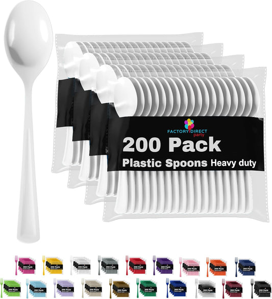Party Solids 200 Pcs Heavy Duty Plastic Cutlery - White Disposable Flatware, Plastic Spoons