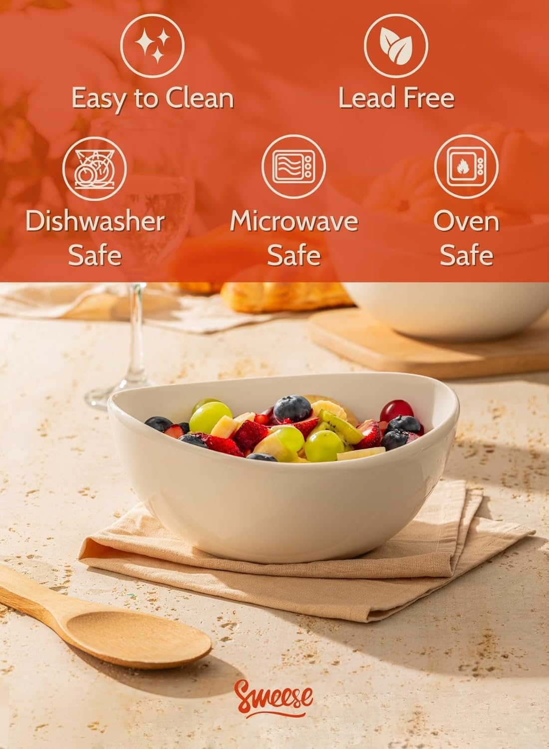 Sweese 8 Inch Porcelain 42 oz Serving Bowls Set of 4, for Salad | Soup | Snacks | Pasta - Microwave, Dishwasher, and Oven Safe - White