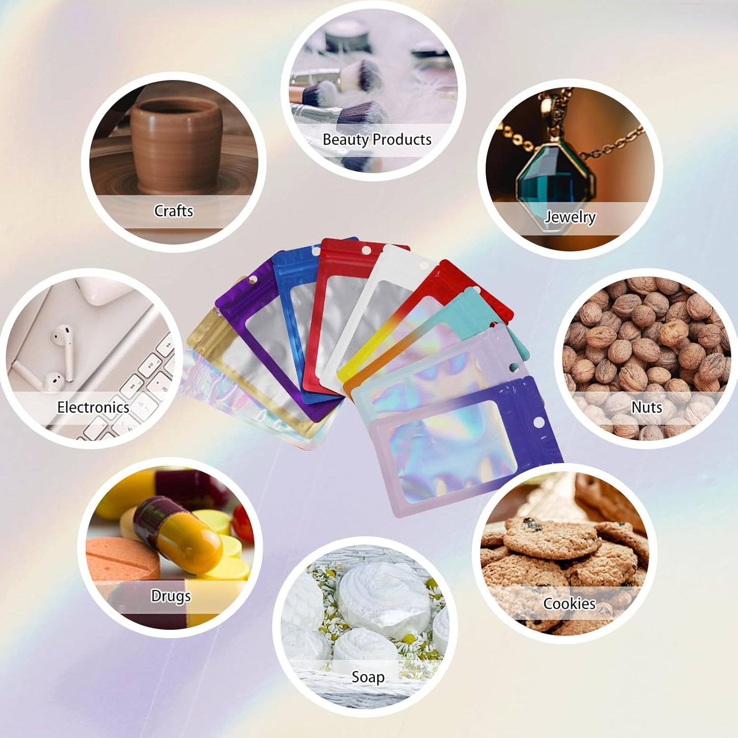 200 Pack Resealable Mylar Holographic Bags Food Storage Smell Proof Bags with Front Window Foil Packaging Pouch for Candy Sample Jewelry Small Business 4.72×7.87 Inch, Blue